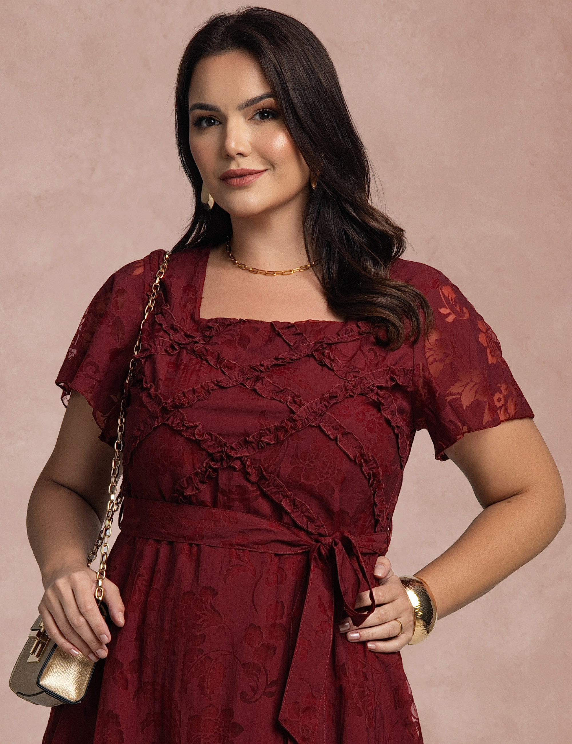 Vestido Midi Com Cinto Vinho 
