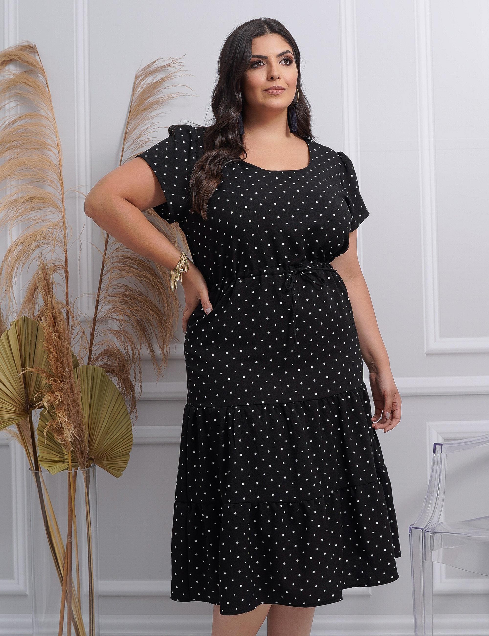 Vestido Midi Bolinha Preto