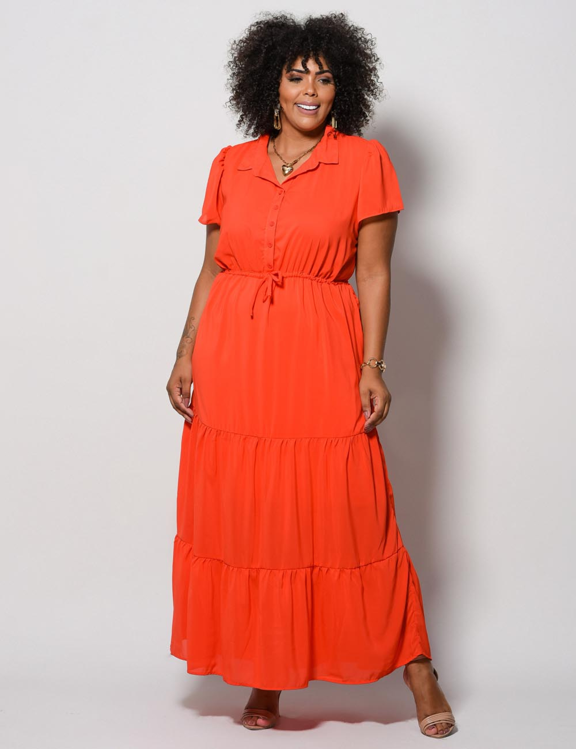 Vestido Longo Chiffon Liso Laranja