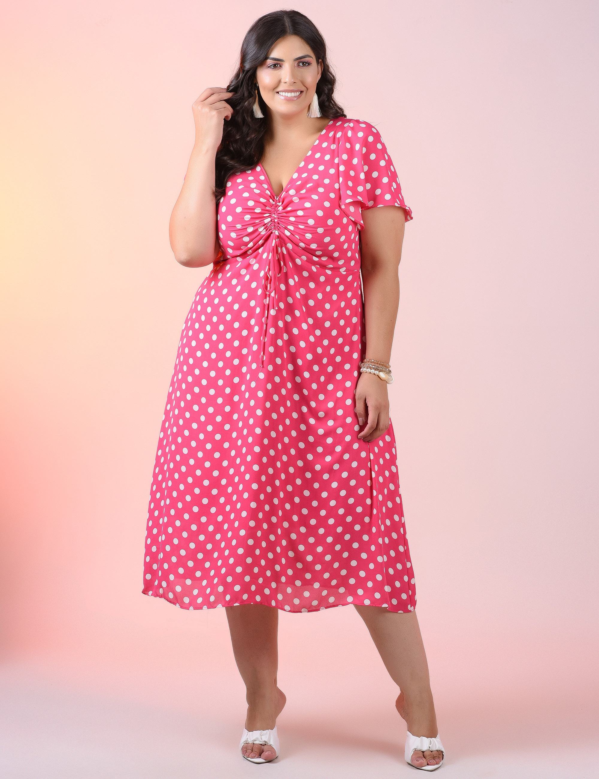 Vestido Poá Crepe Rosa 