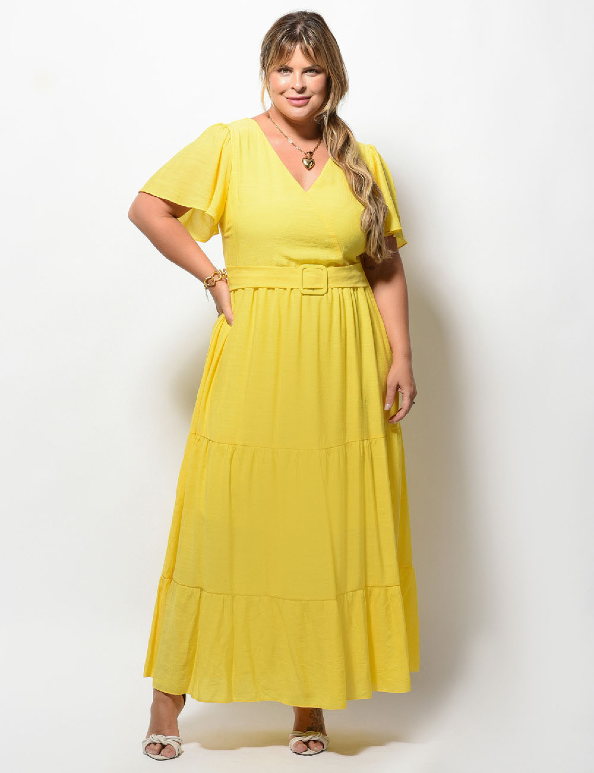 Vestido Longo Poliviscosse Liso Amarelo