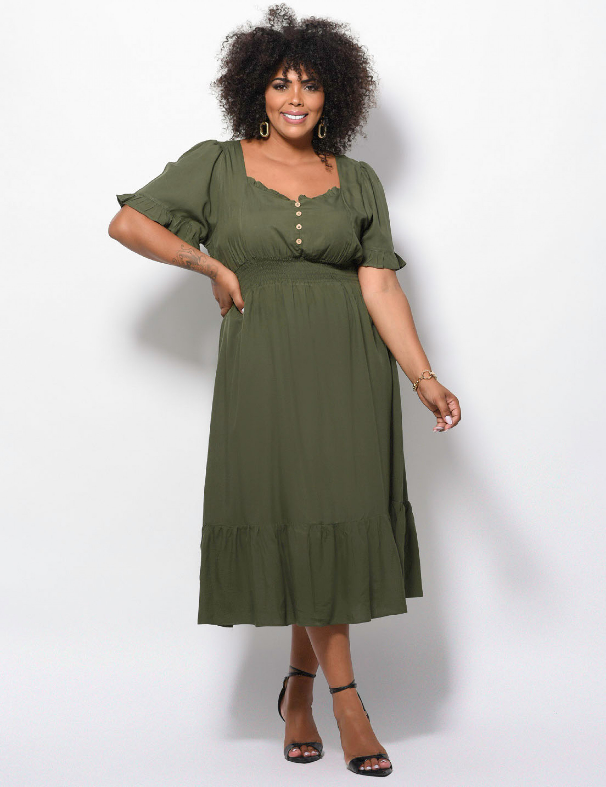 Vestido Midi Viscose Liso Musgo