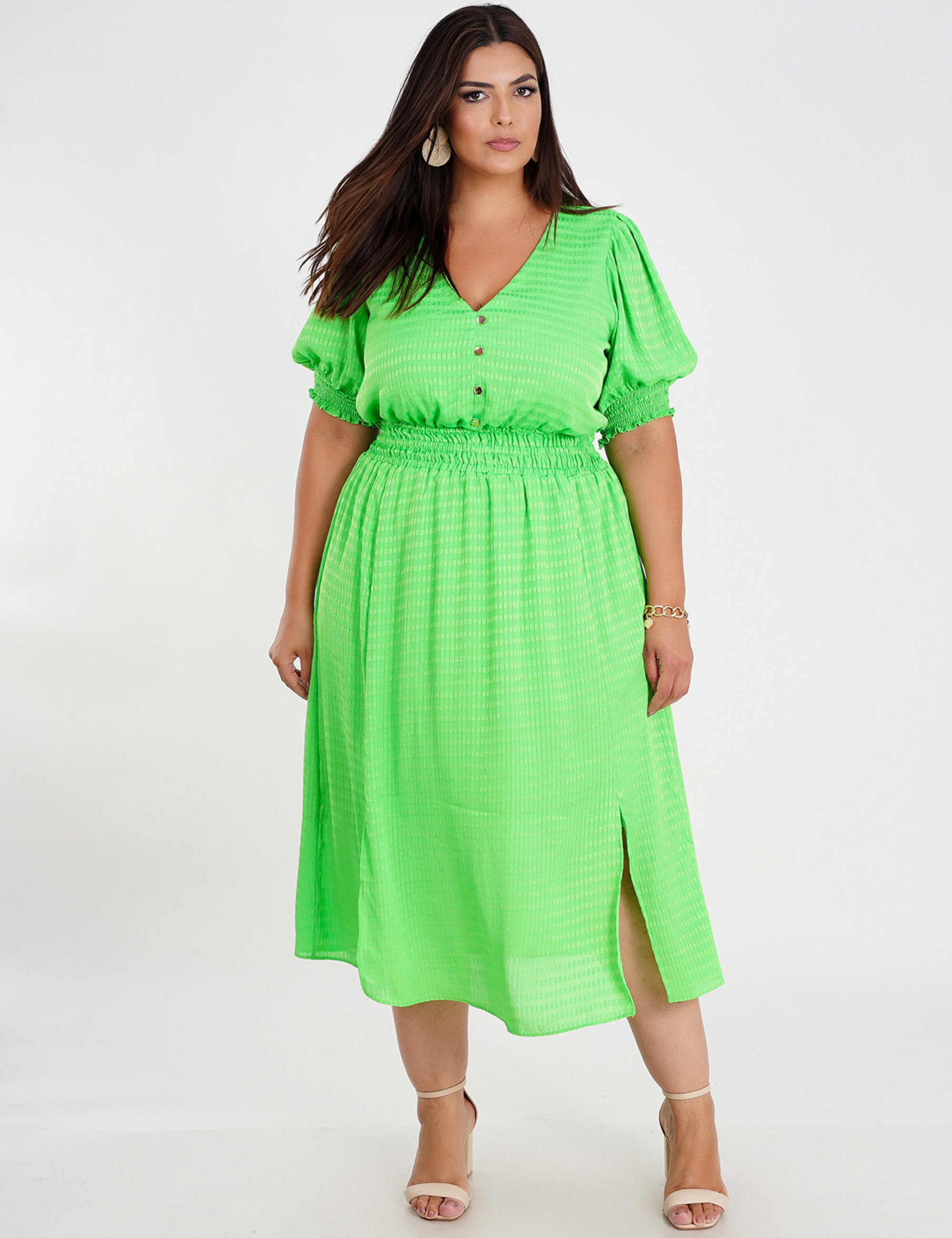 Vestido Midi Crepe Frente Fendas Verde 