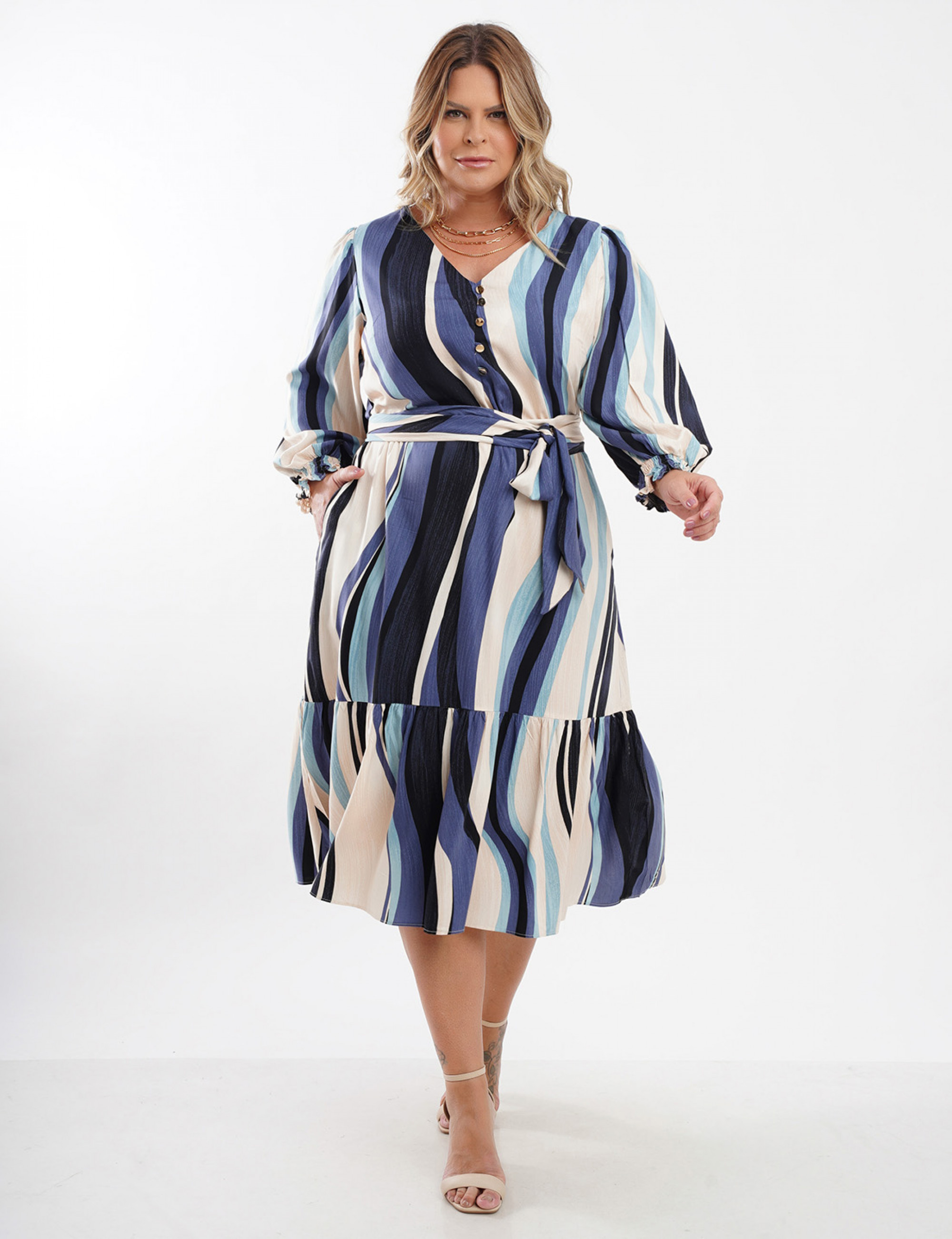 Vestido Midi Viscose Cinto Faixa Azul