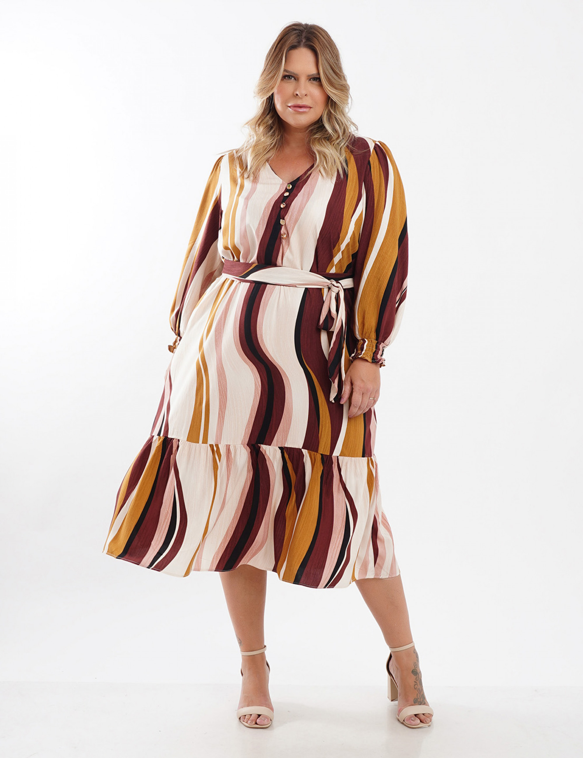 Vestido Midi Viscose Cinto Faixa Marrom