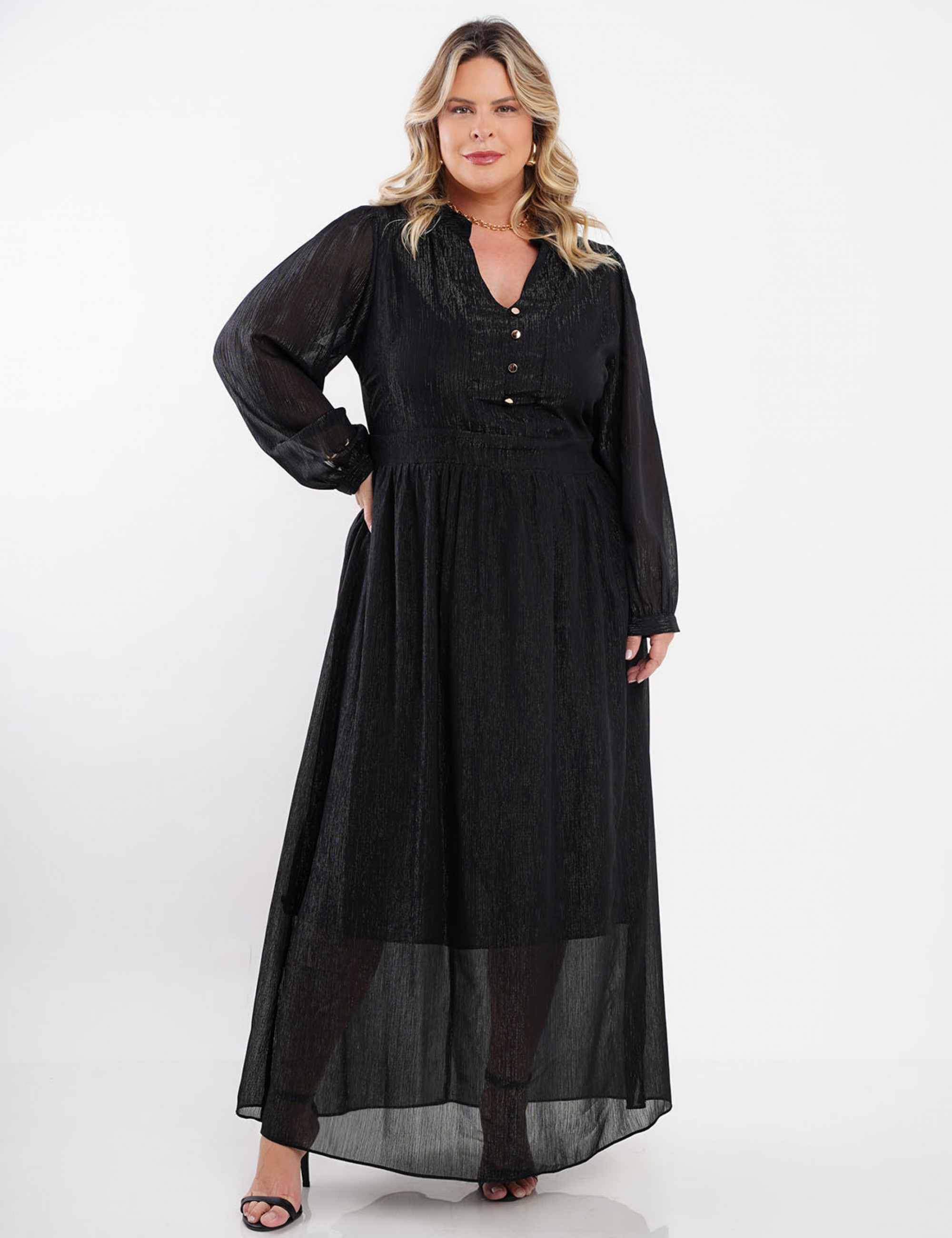 Vestido Longo Chiffon Yoryu Lurex Preto