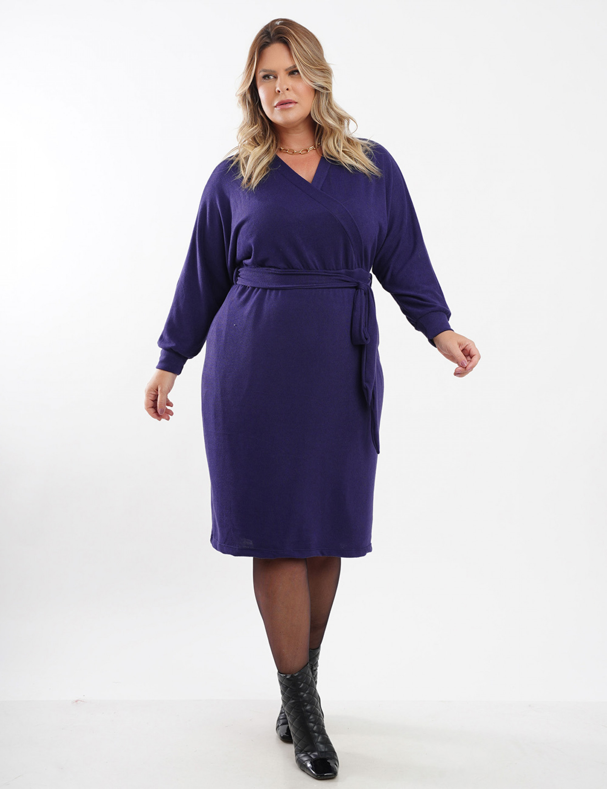 Vestido Curto Malha Tricô Liso Marinho 