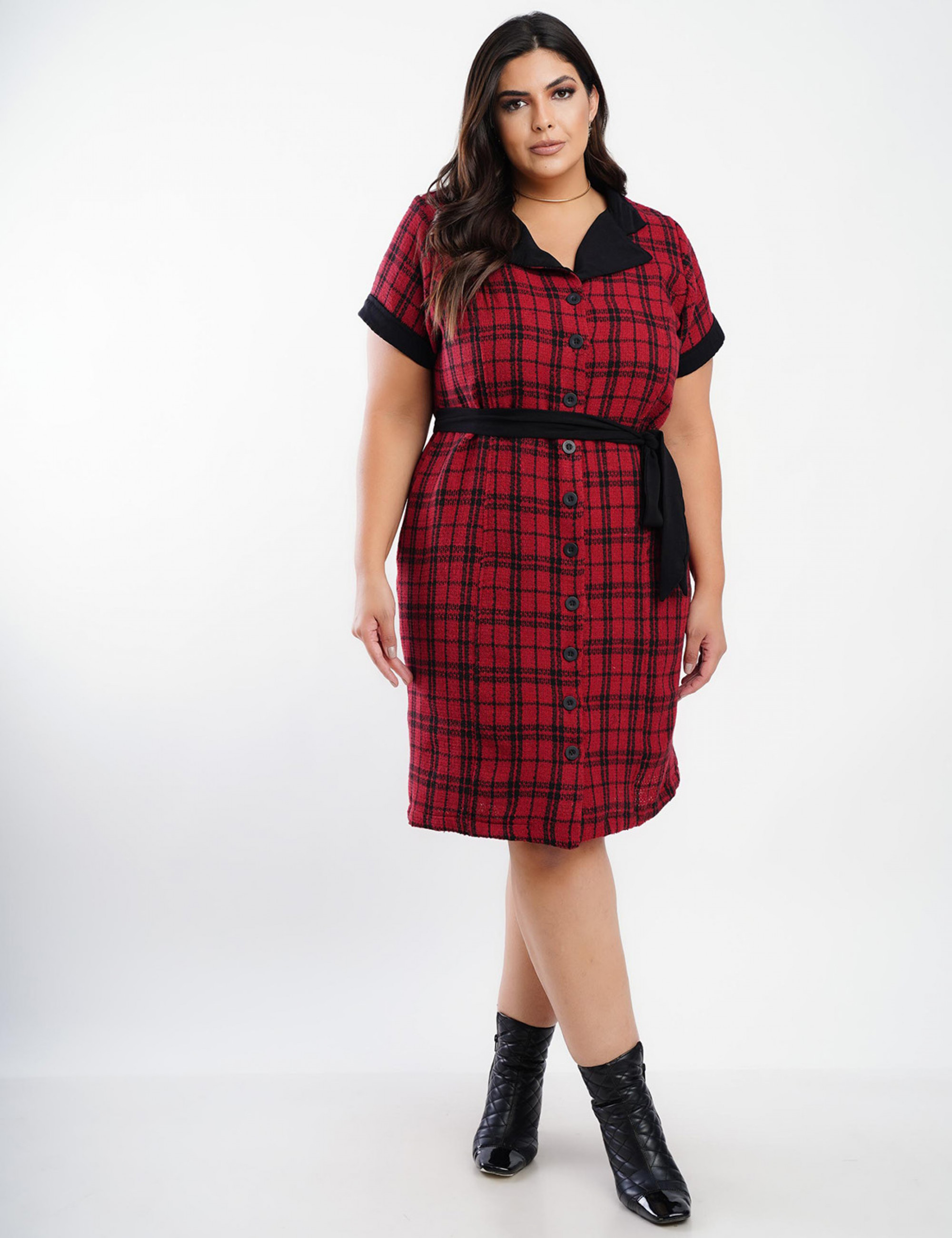 Vestido Curto Tweed Com Cinto Vermelho