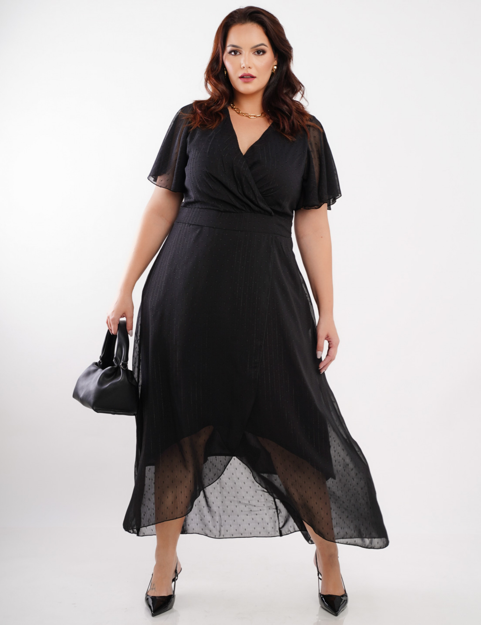 Vestido Longo Chiffon Com Lurex Preto