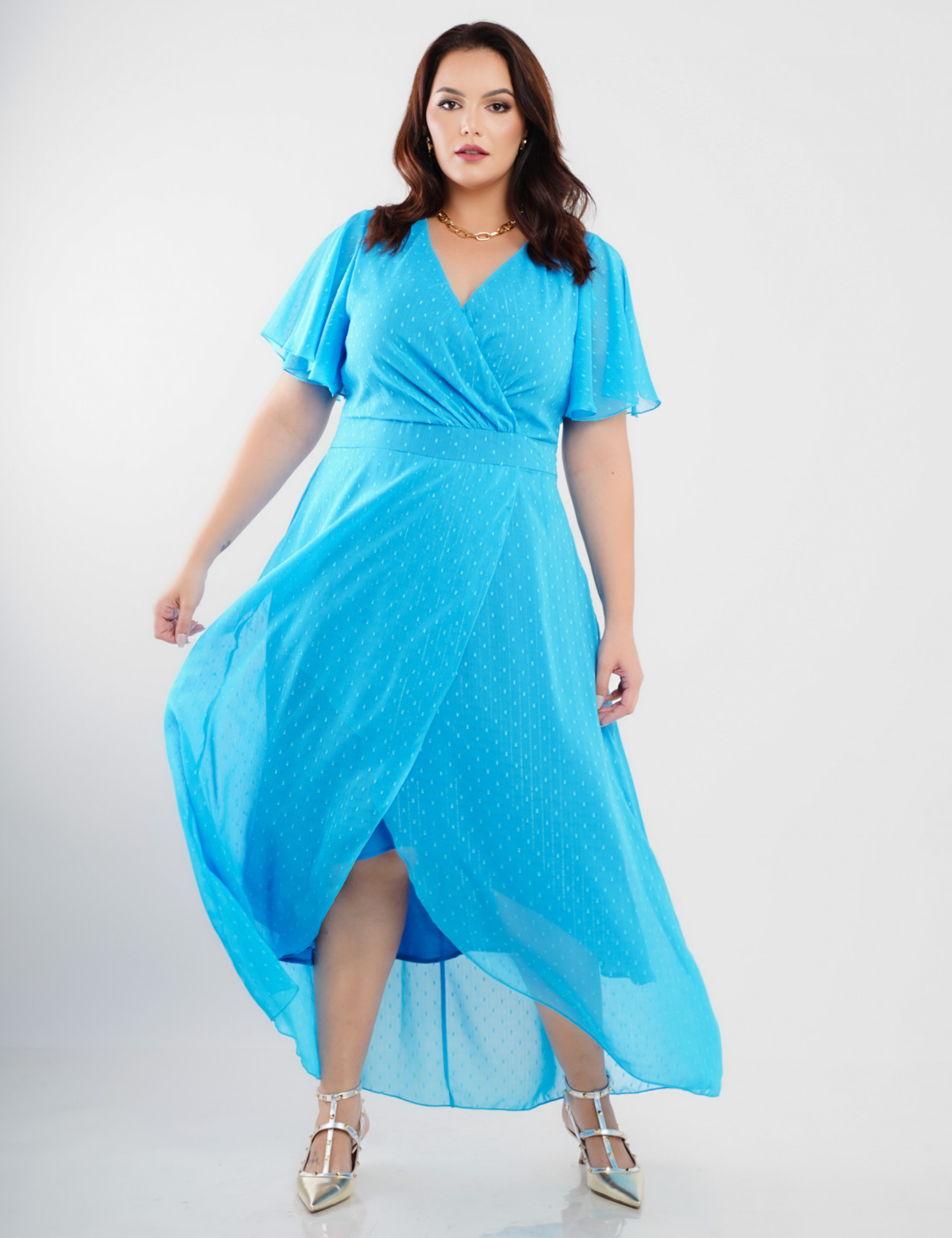 Vestido Longo Chiffon Com Lurex Azul