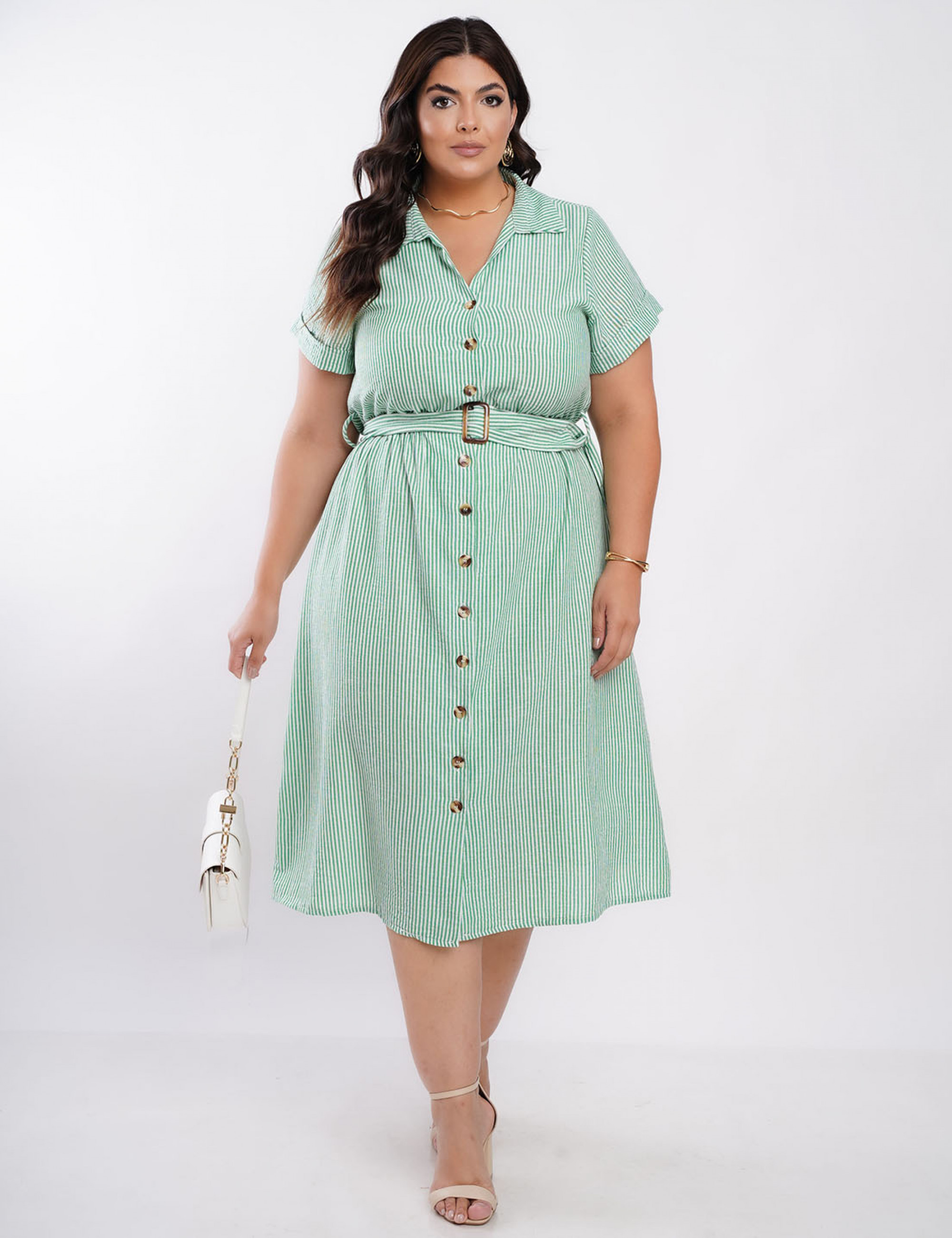 Vestido Midi Listrado Chemise Com Cinto Verde