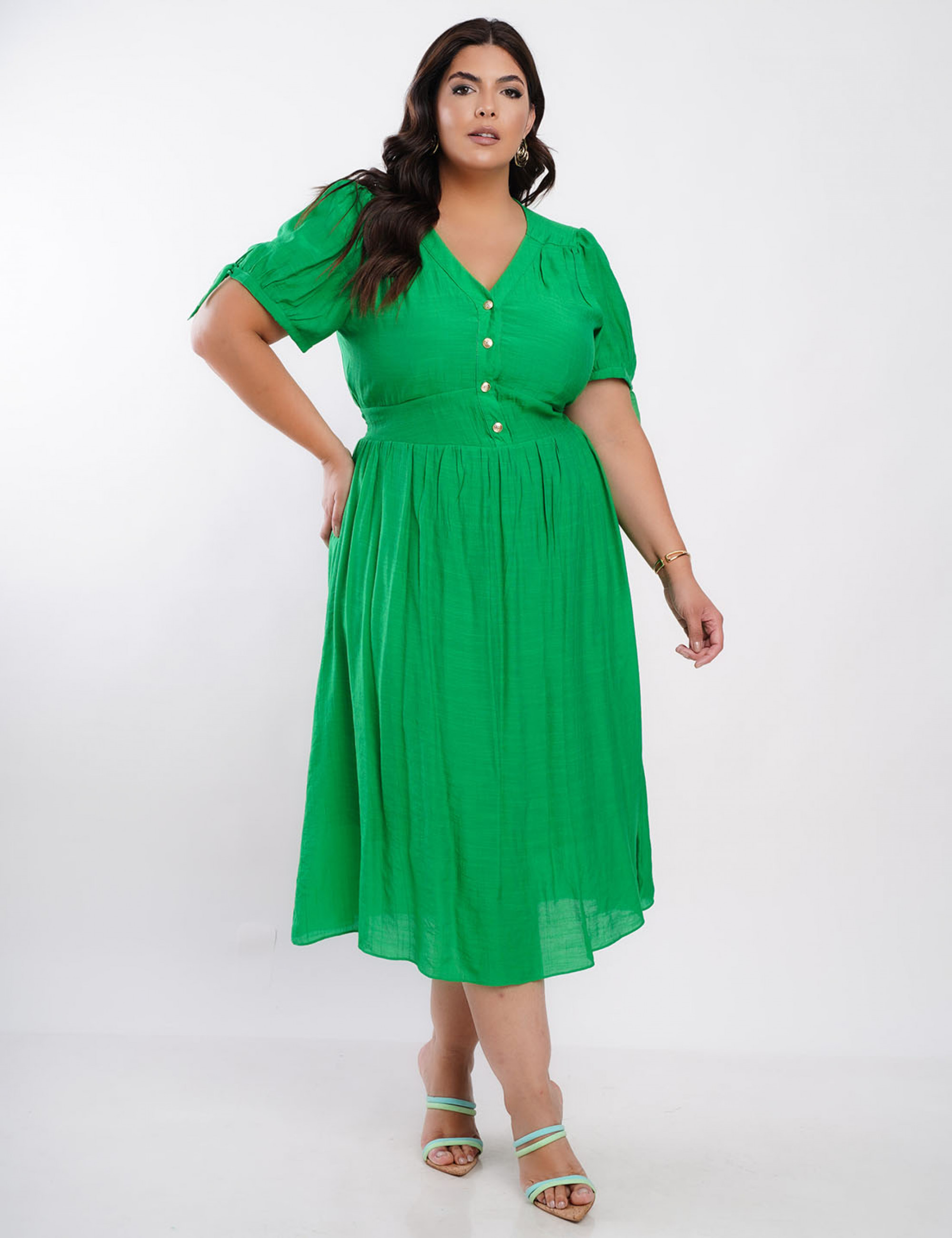 Vestido Midi Poliviscose Com Botão Metal Verde