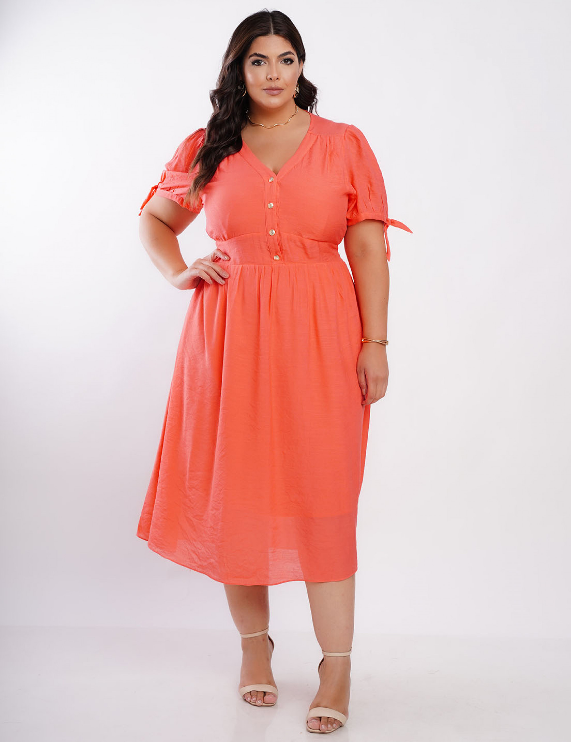 Vestido Midi Poliviscose Com Botão Metal Laranja