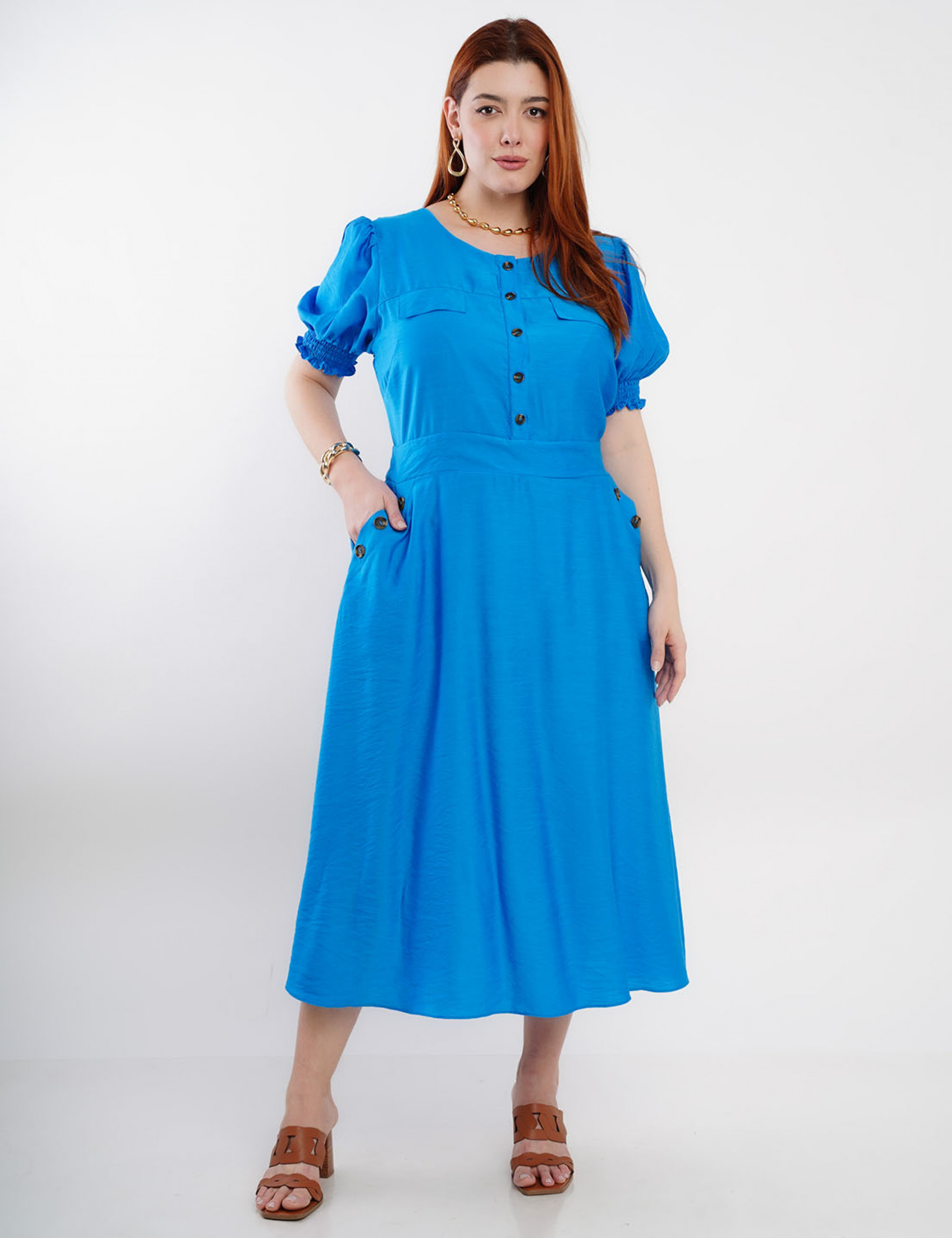 Vestido Midi Viscose Com Poliamida Botão Azul