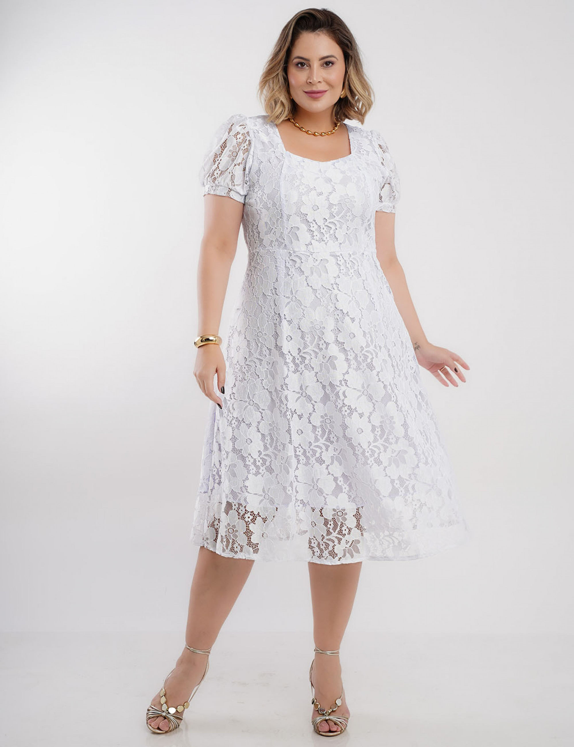 Vestido Midi De Renda Decote Princesa Branco
