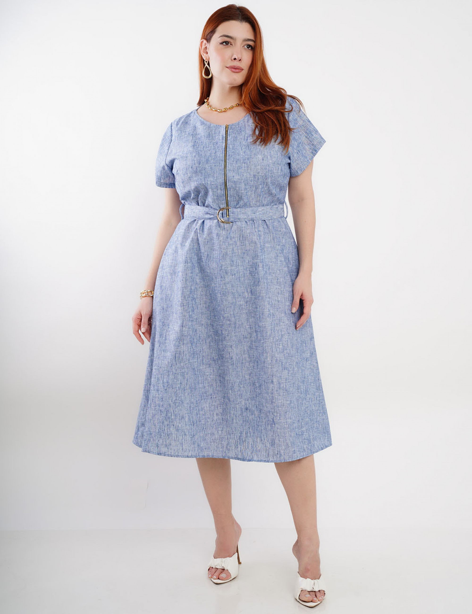 Vestido Midi Algodão Com Poliéster Azul 