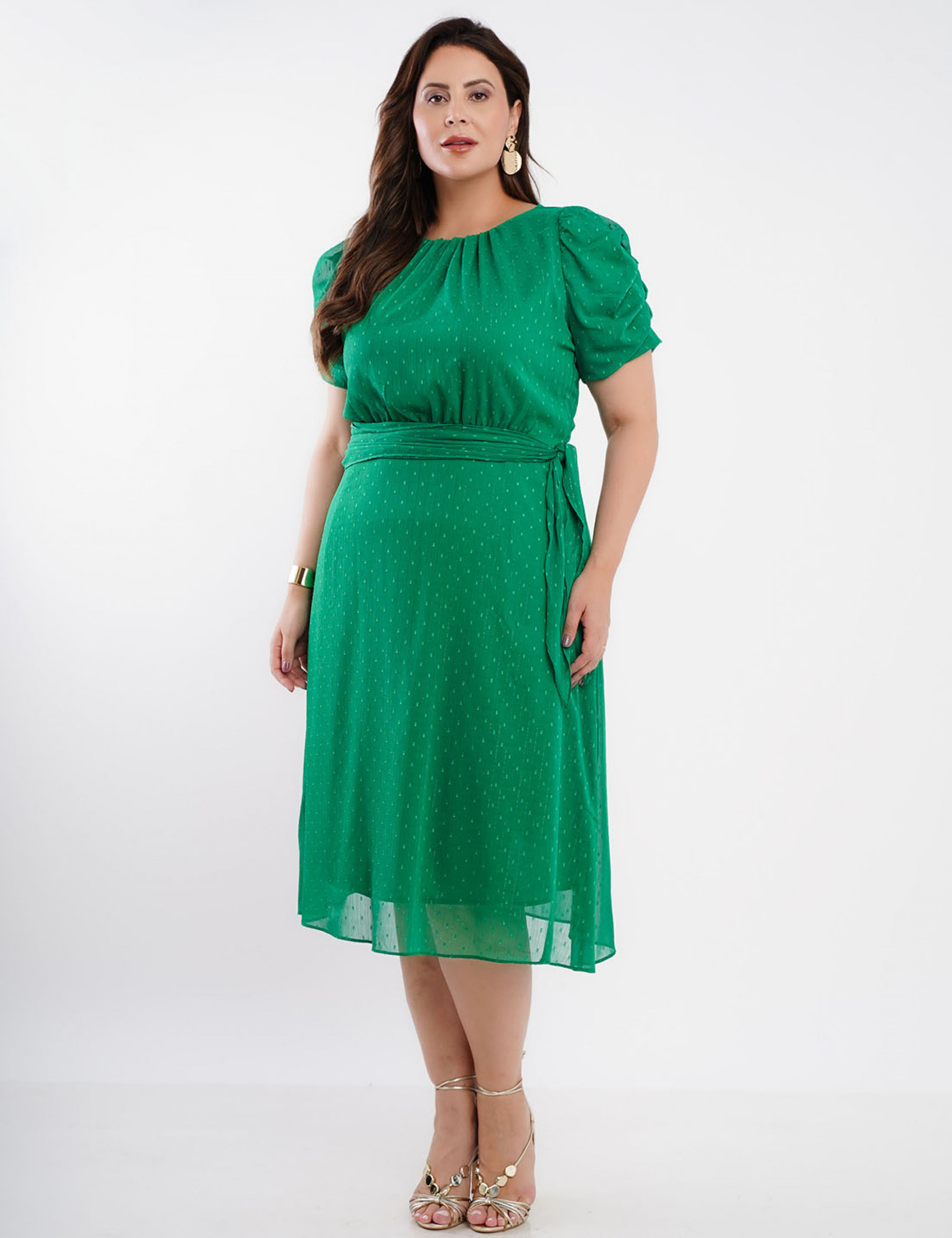 Vestido Midi Chiffon Textura Com Lurex Verde