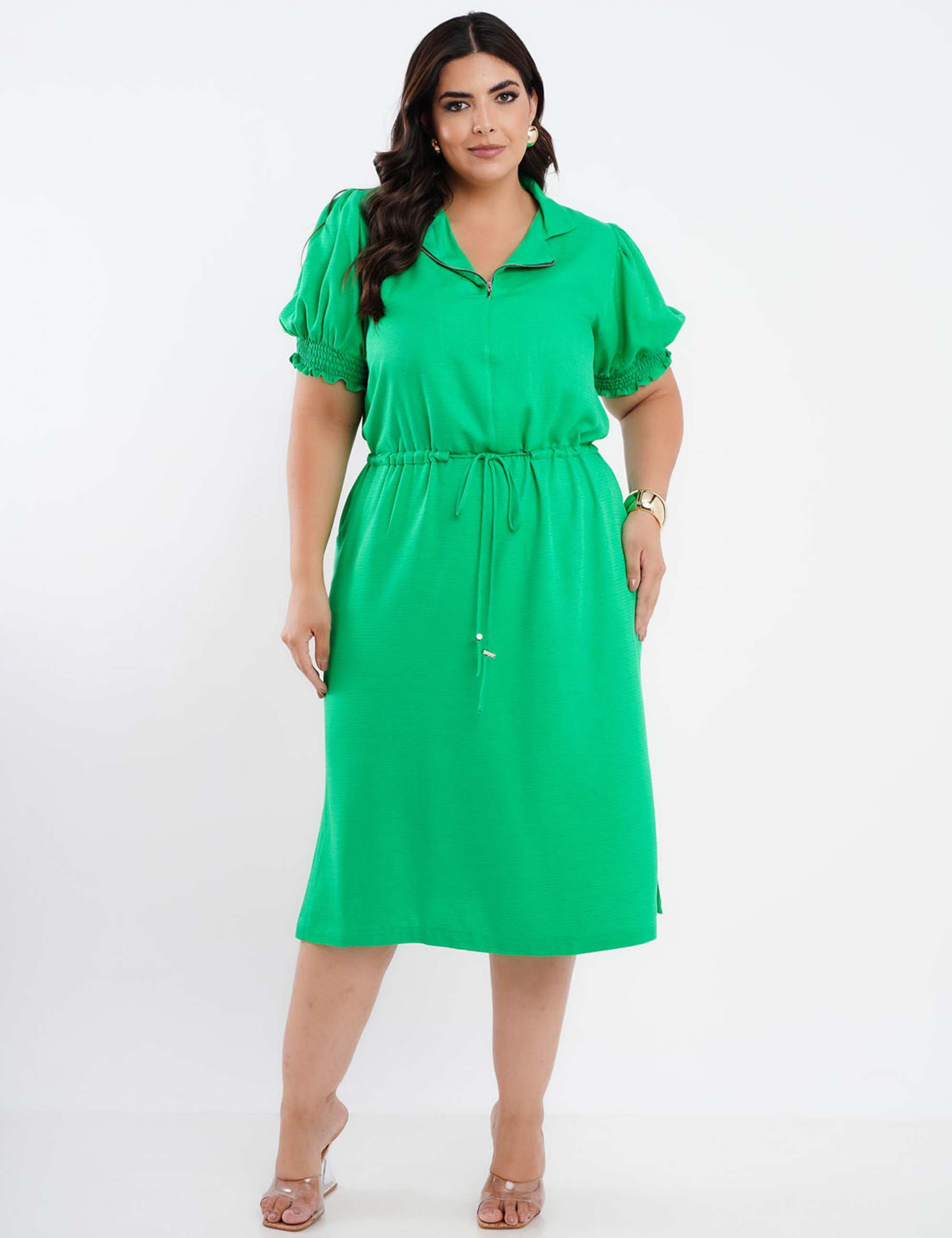Vestido Midi Linho Viscose Com Zíper Verde