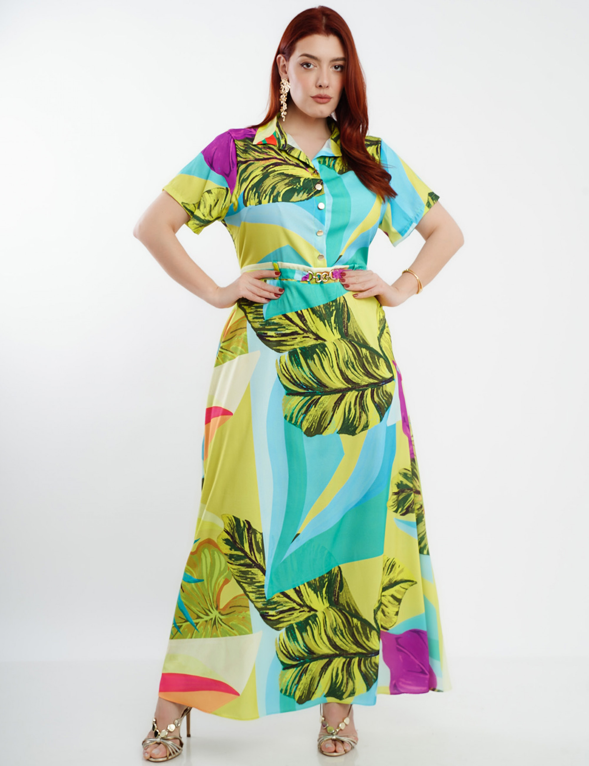 Vestido Longo Crepe Twill Com Botão Dourado Verde 