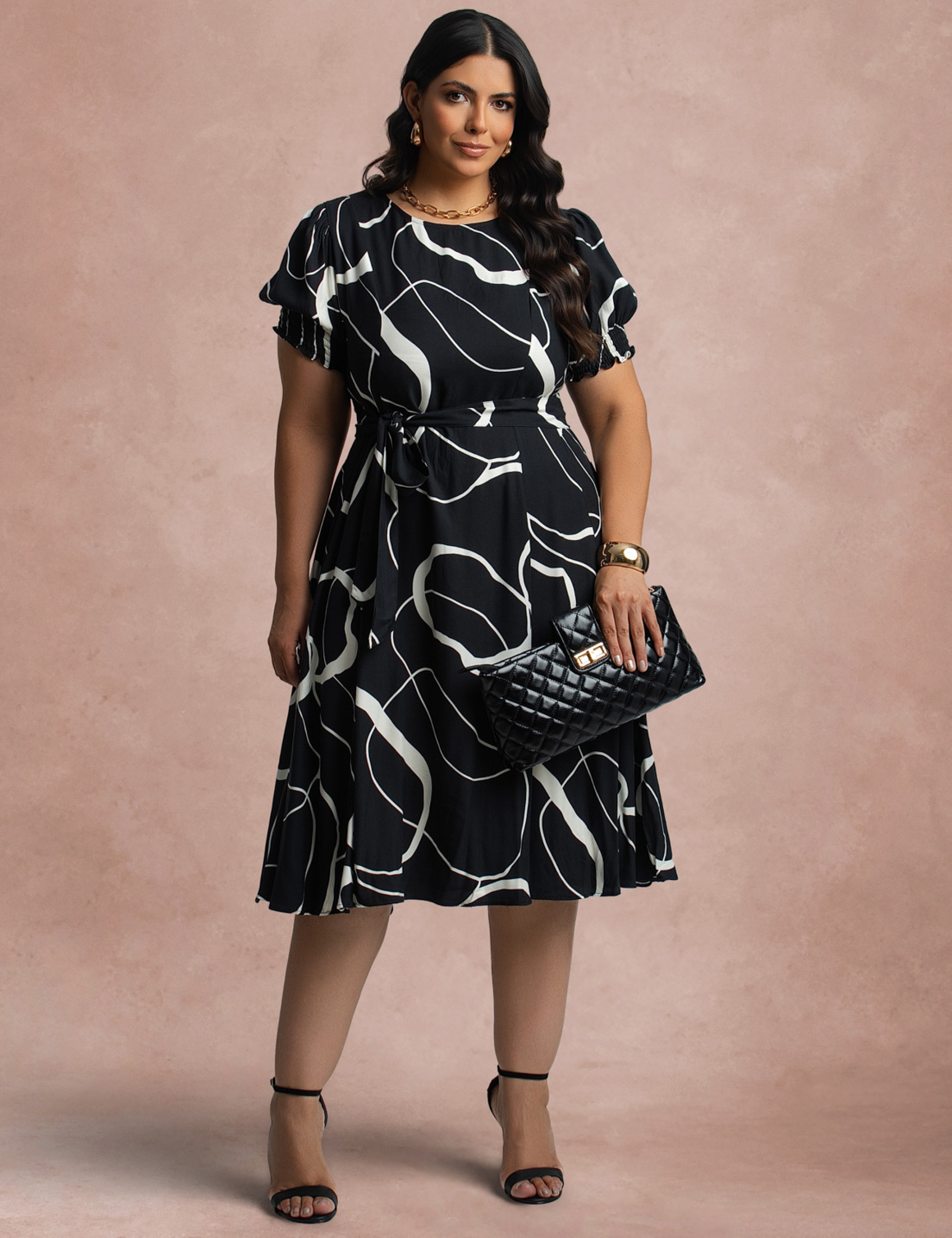 Vestido Midi Viscose Twill Com Cinto Preto