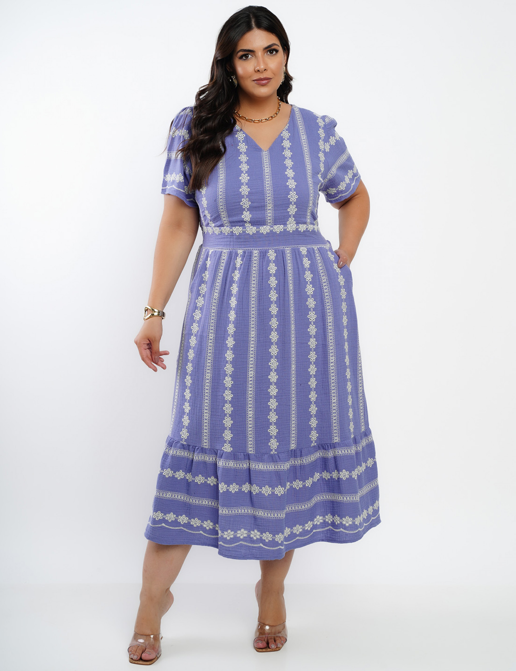 Vestido Midi Algodão Bordado Lilás 