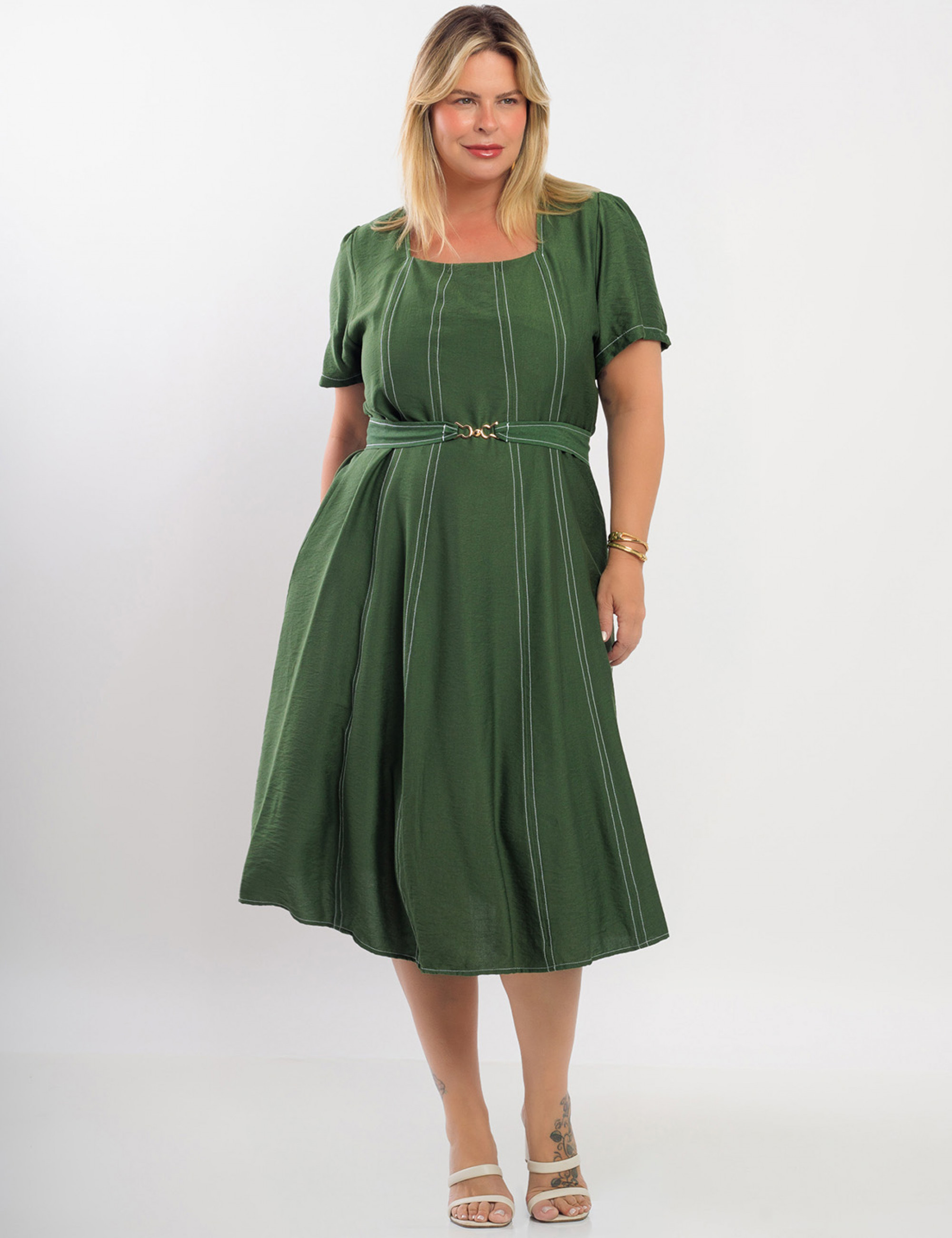 Vestido Midi Crepe Pesponto Com Cinto Musgo