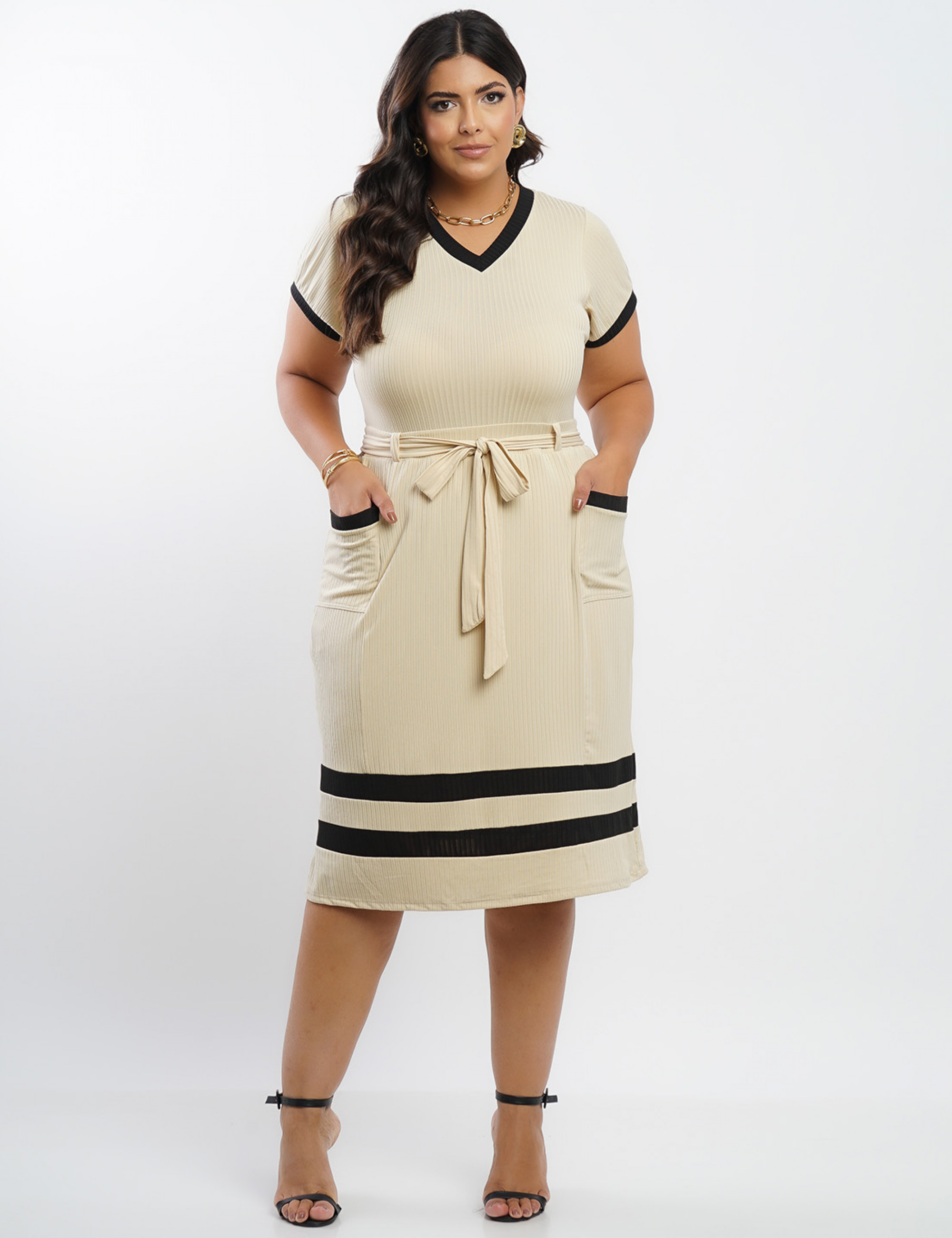 Vestido Midi Malha Canelada Bicolor Bege 