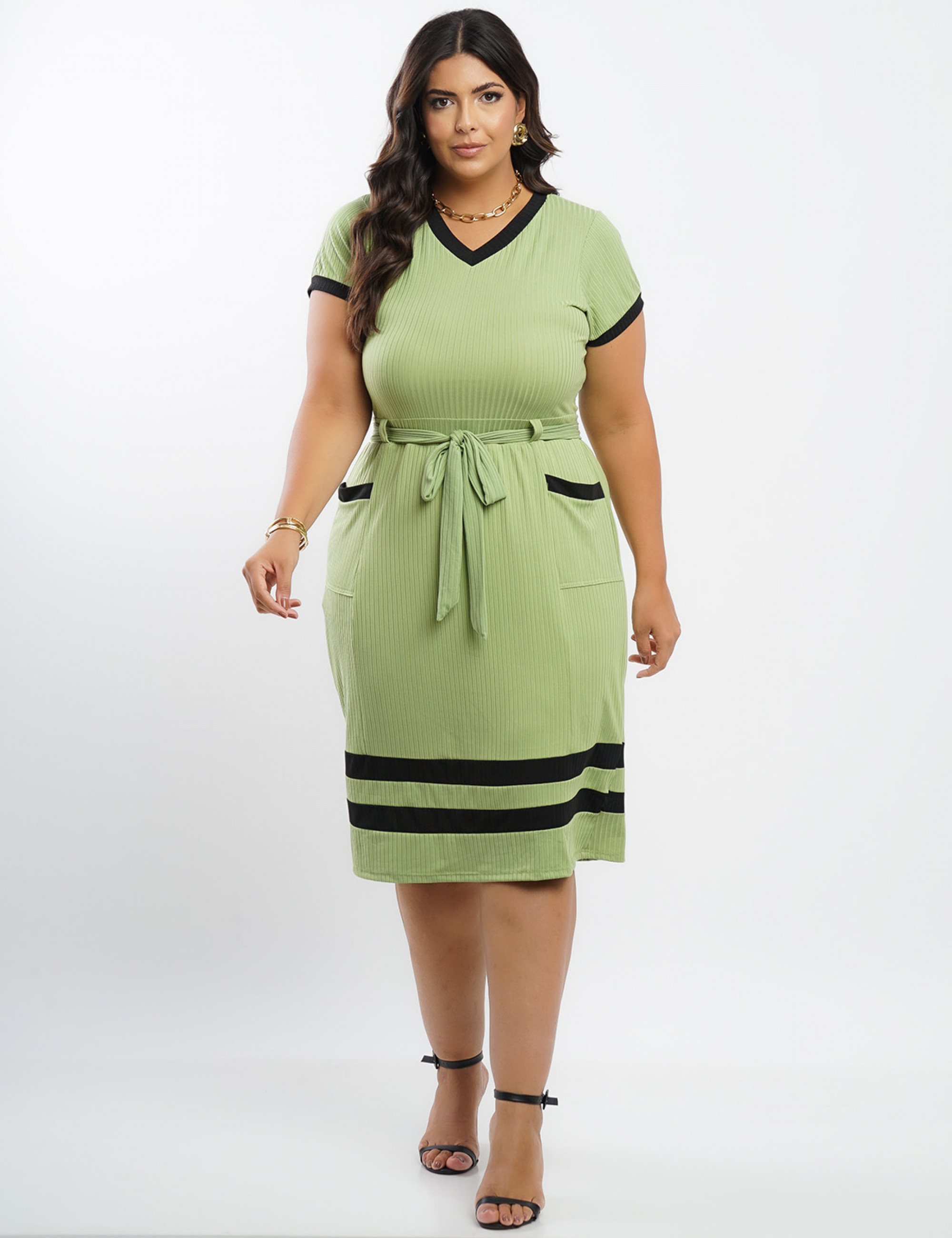 Vestido Midi Malha Canelada Bicolor Verde 