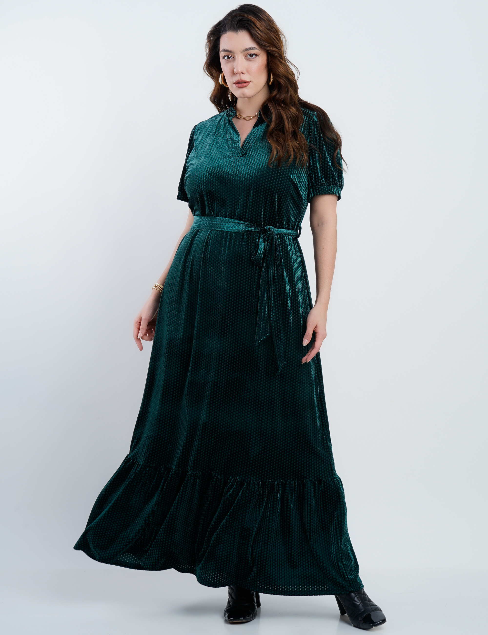 Vestido Longo Veludo Com Cinto Verde 