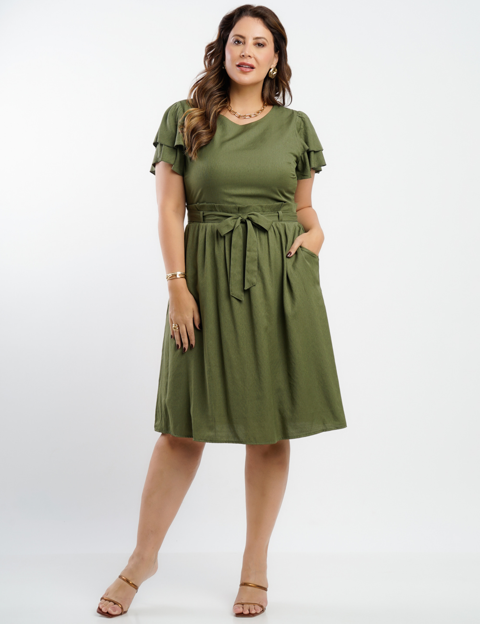 Vestido Curto Poliviscose Com Cinto Verde 