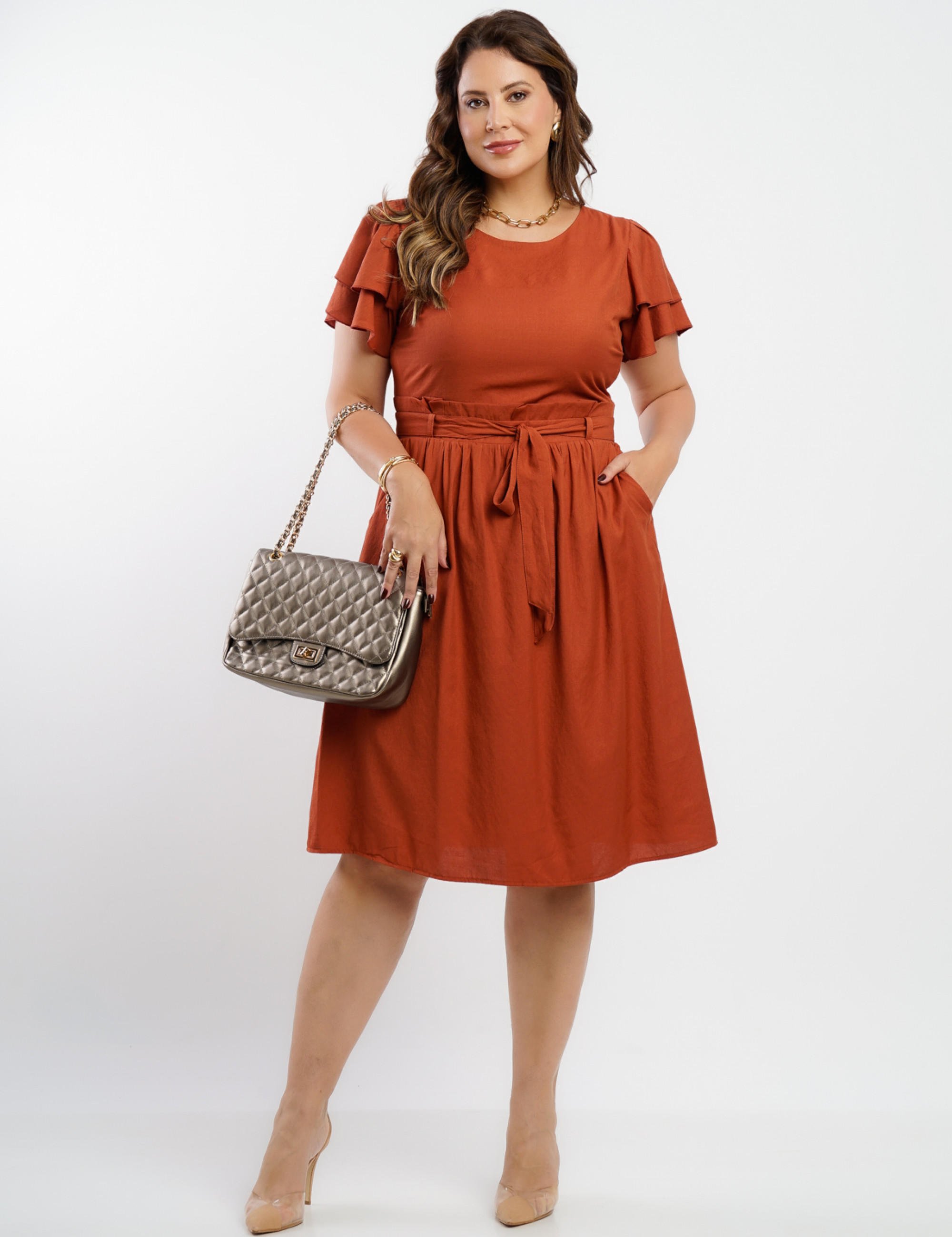 Vestido Curto Poliviscose Com Cinto Telha