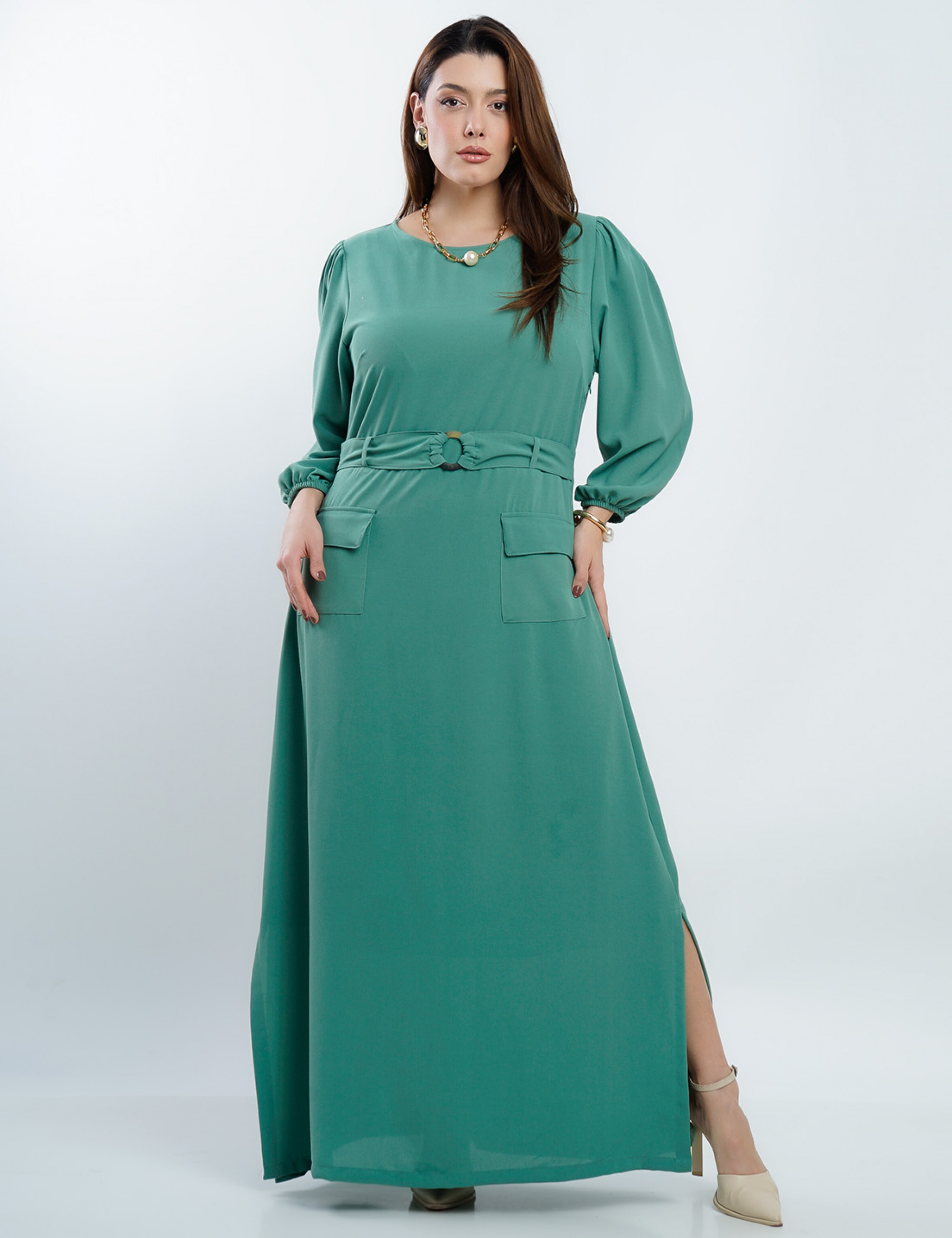 Vestido Longo Alfaiataria Com Cinto Verde 
