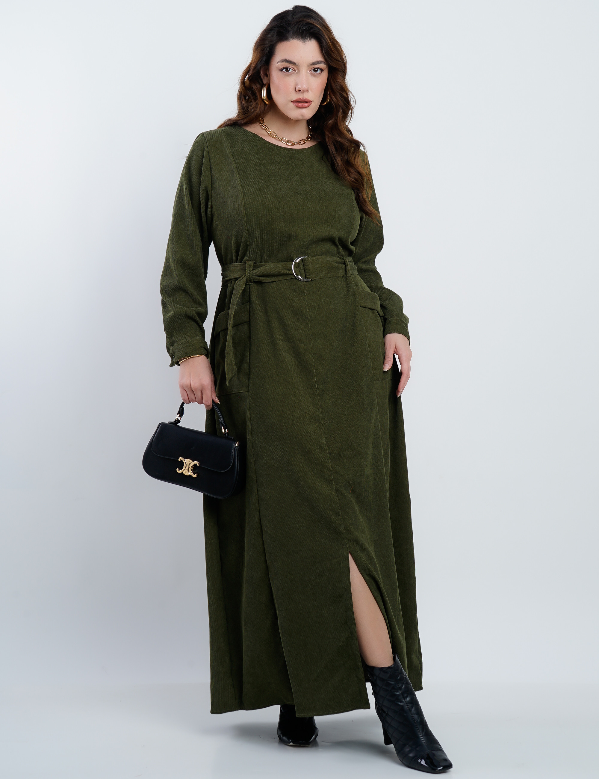Vestido Longo Veludo Com Bolsos Musgo