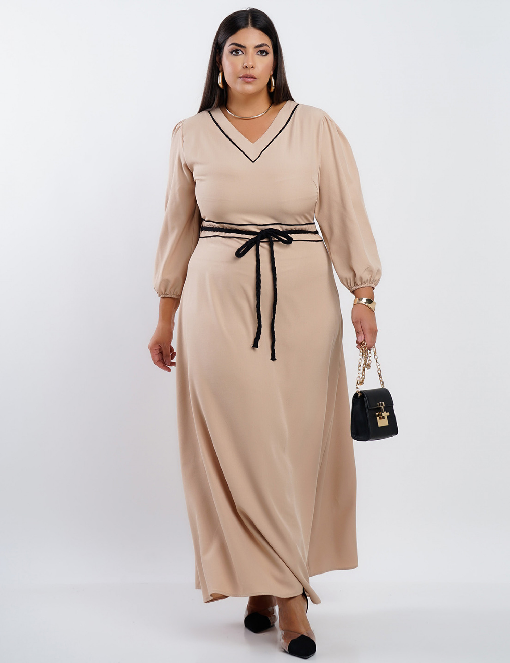 Vestido Longo Com Cinto Transpassado Bege 