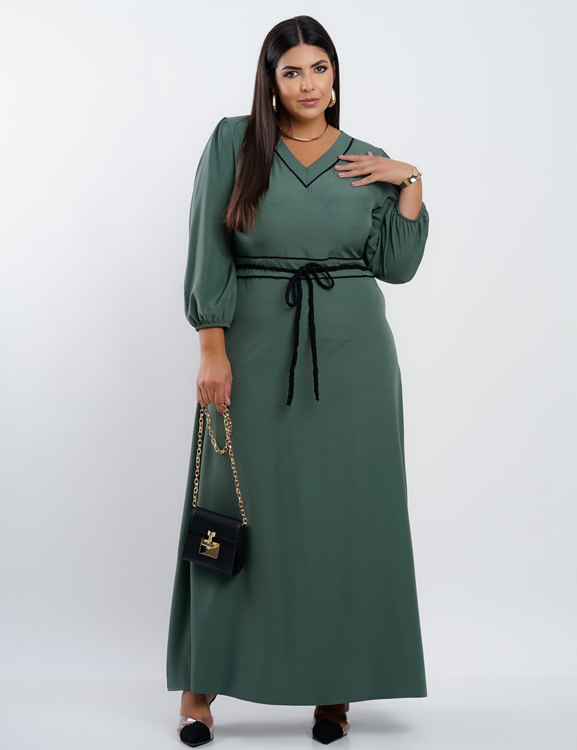 Vestido Longo Com Cinto Transpassado Musgo