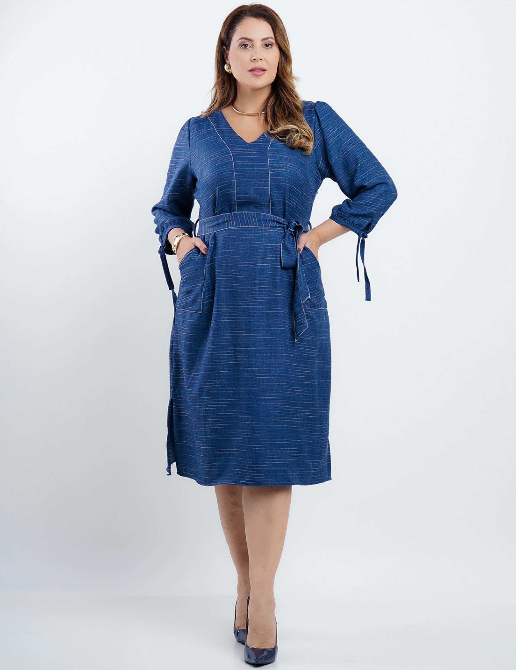 Vestido Midi Risca De Giz Com Pesponto Marinho