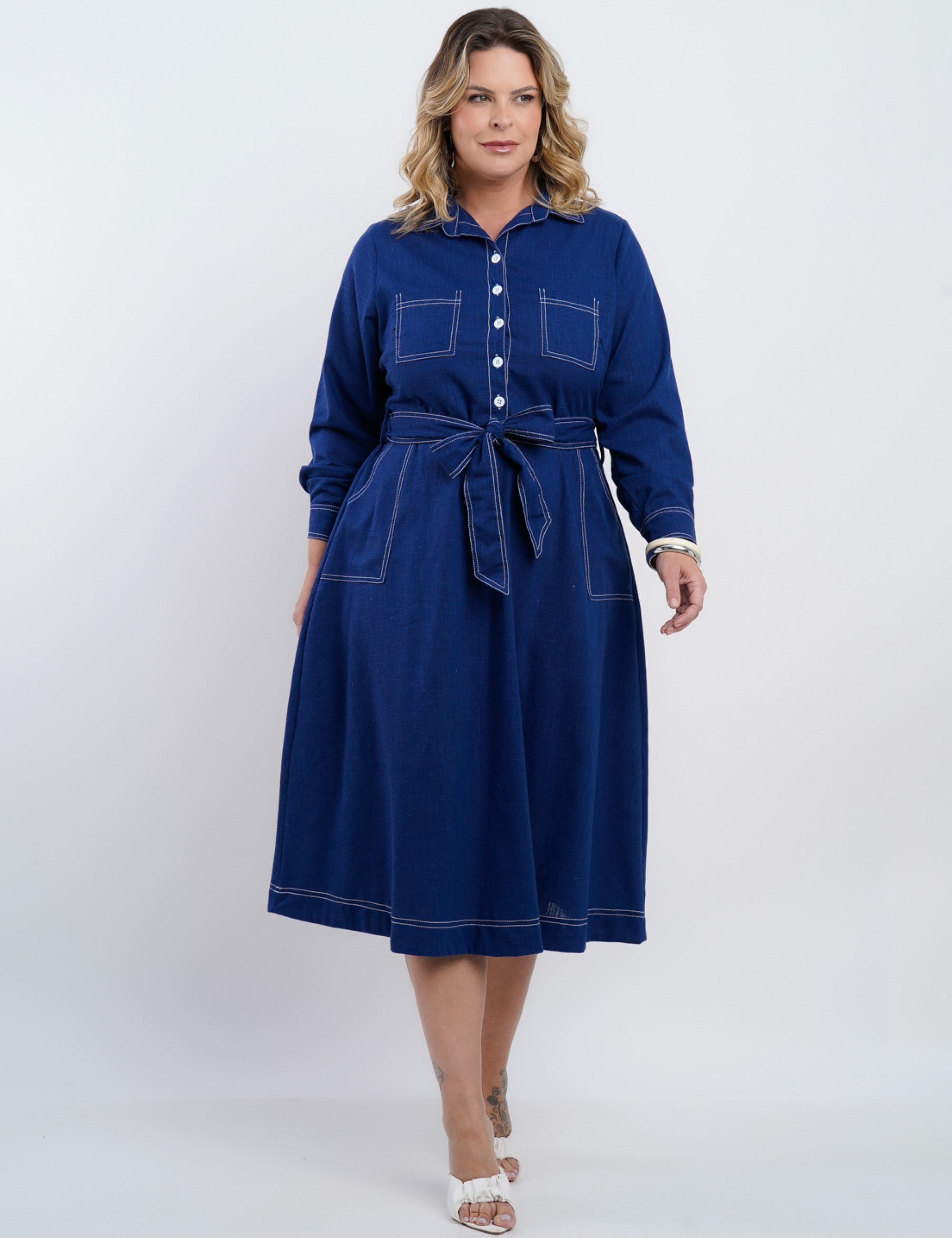 Vestido Midi Linho Misto Com Pesponto Marinho