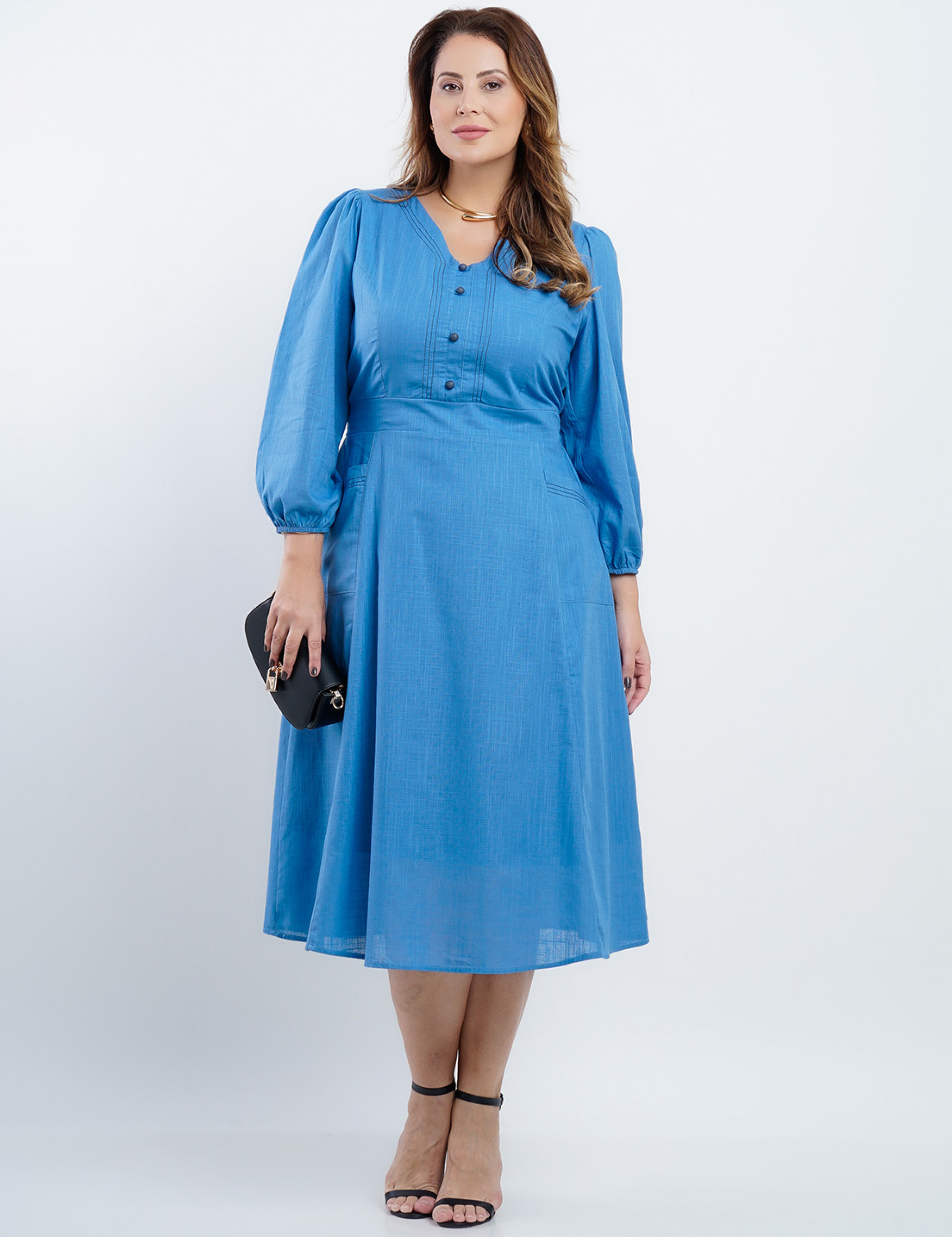 Vestido Midi Algodão Com Botões Frente Azul