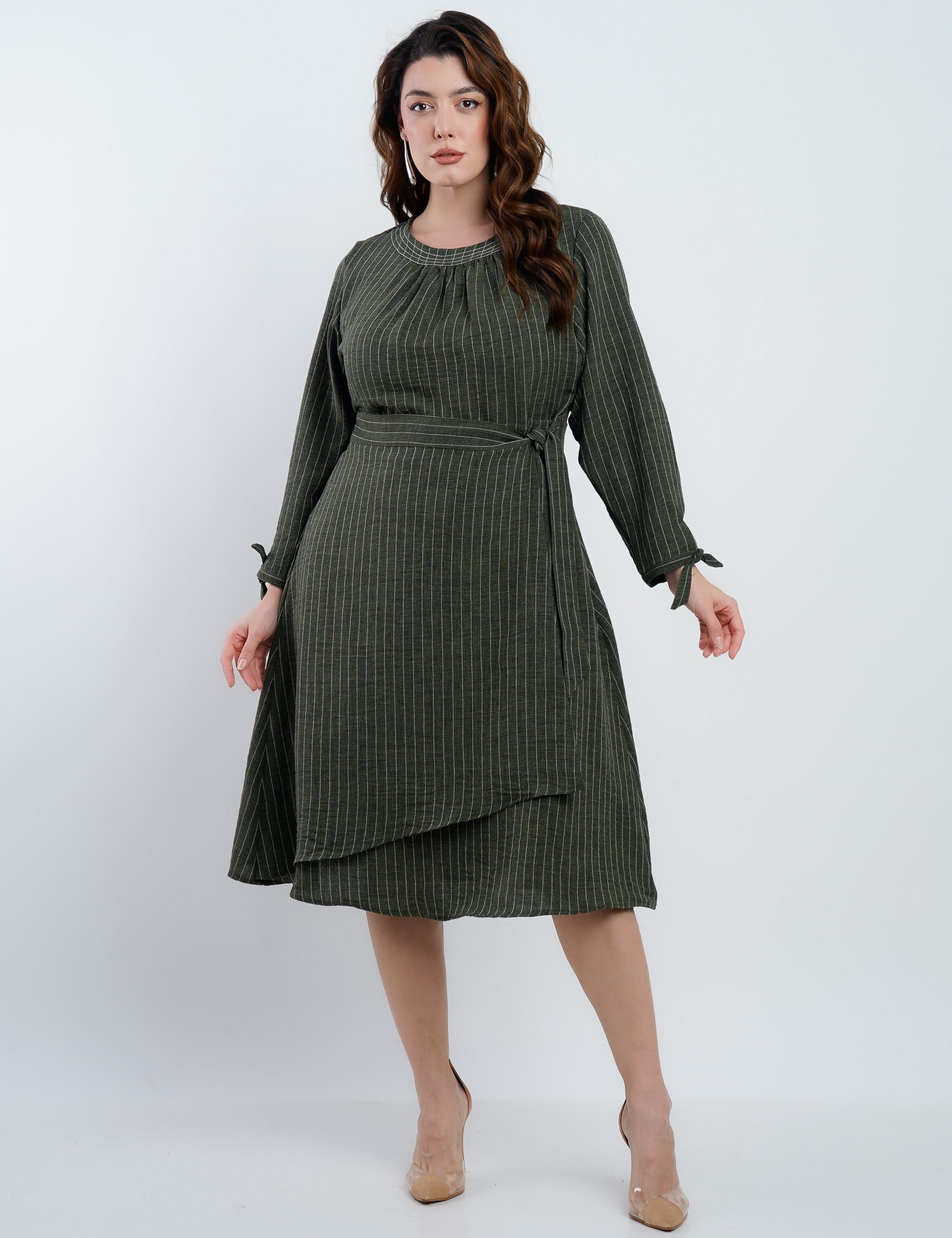 Vestido Midi Linho Poliéster Risca De Giz Musgo