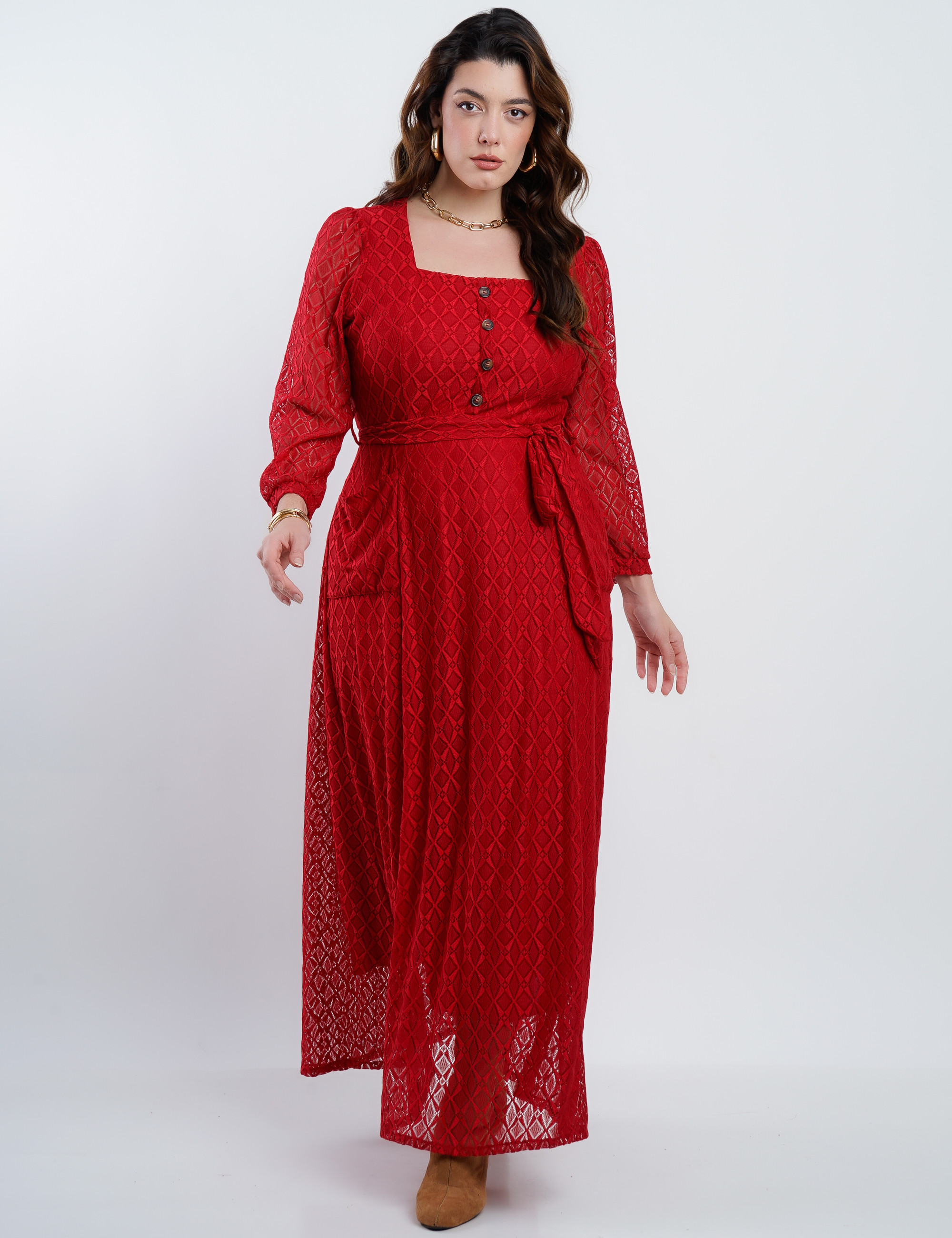  Vestido Longo Malha Renda Decote Quadrado Vermelho