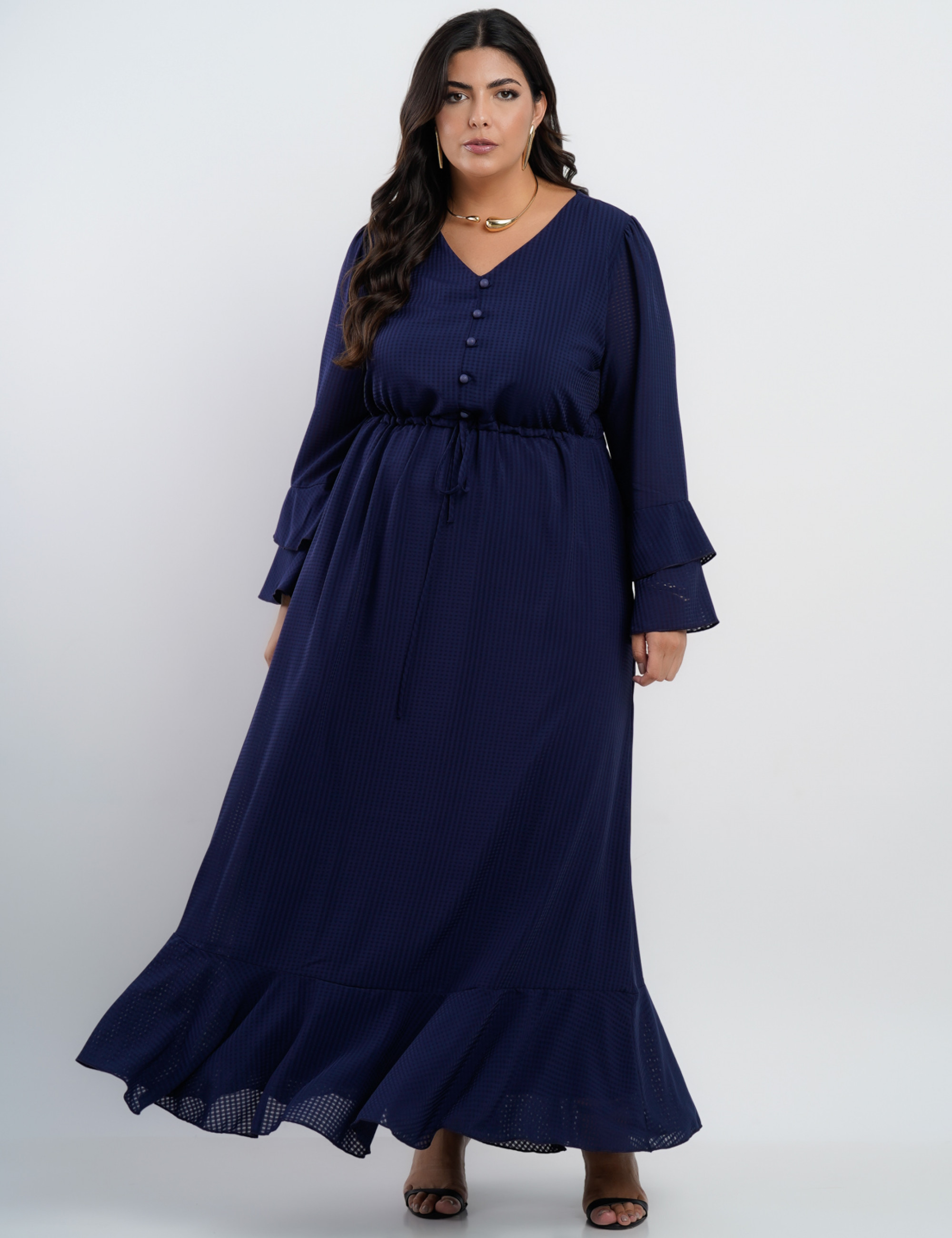 Vestido Longo Crepe Textura Xadrez Com Botão Marinho