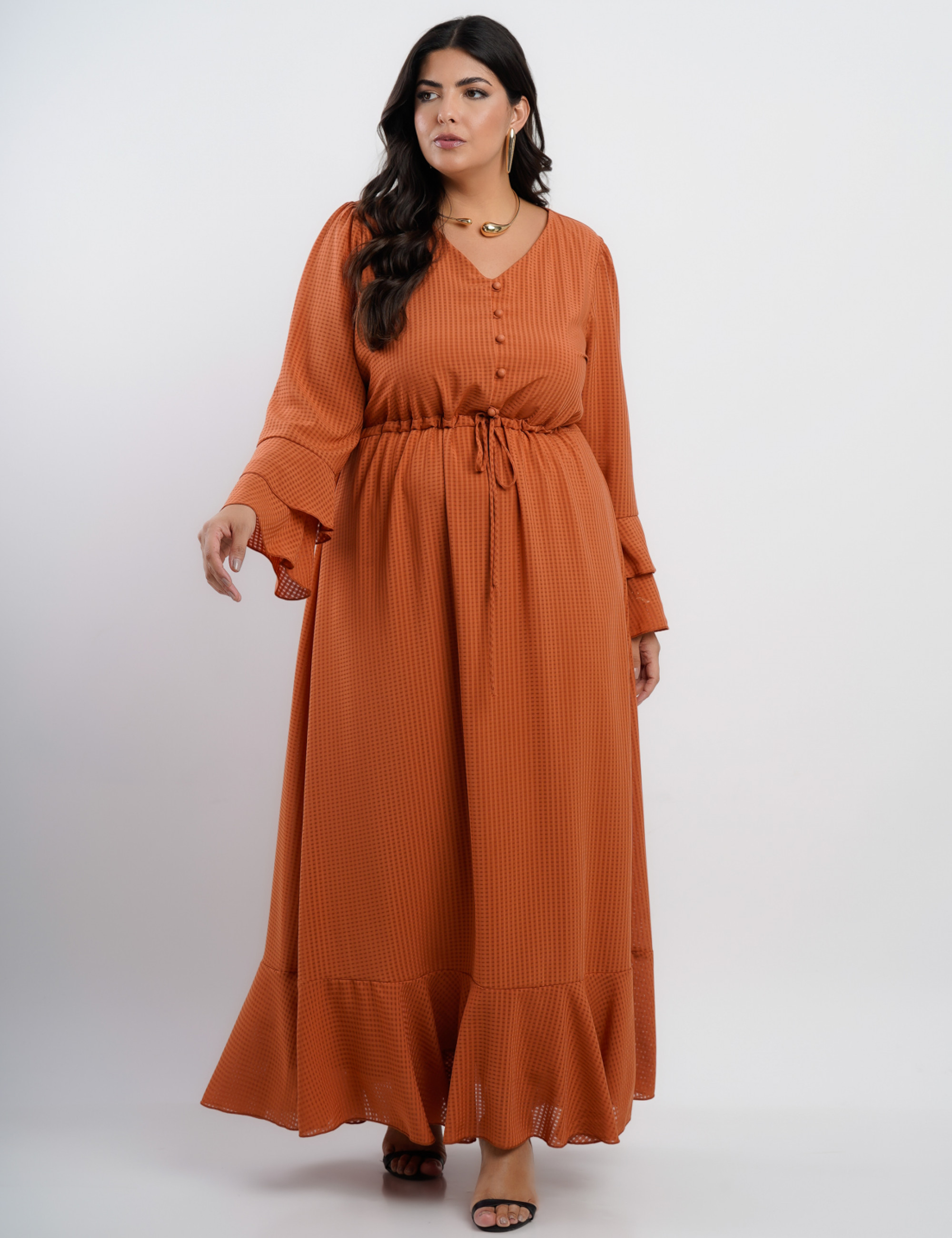 Vestido Longo Crepe Textura Xadrez Com Botão Terra