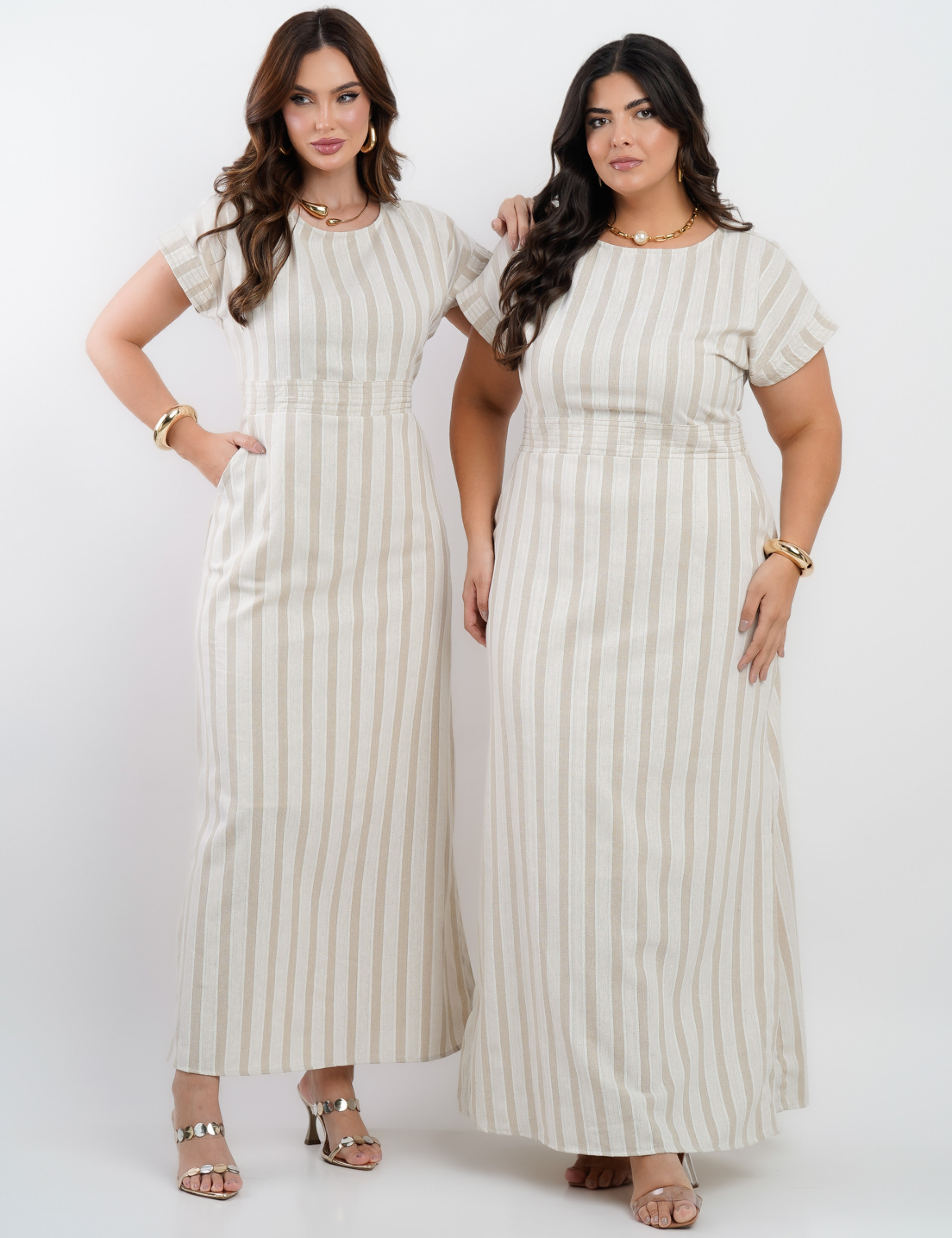 Vestido Longo Linho Misto Listrado Bege