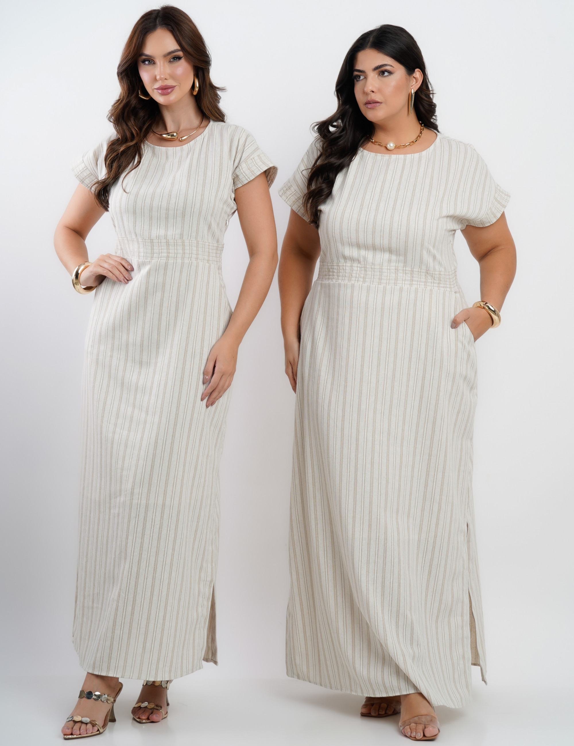 Vestido Longo Linho Misto Listrado Bege