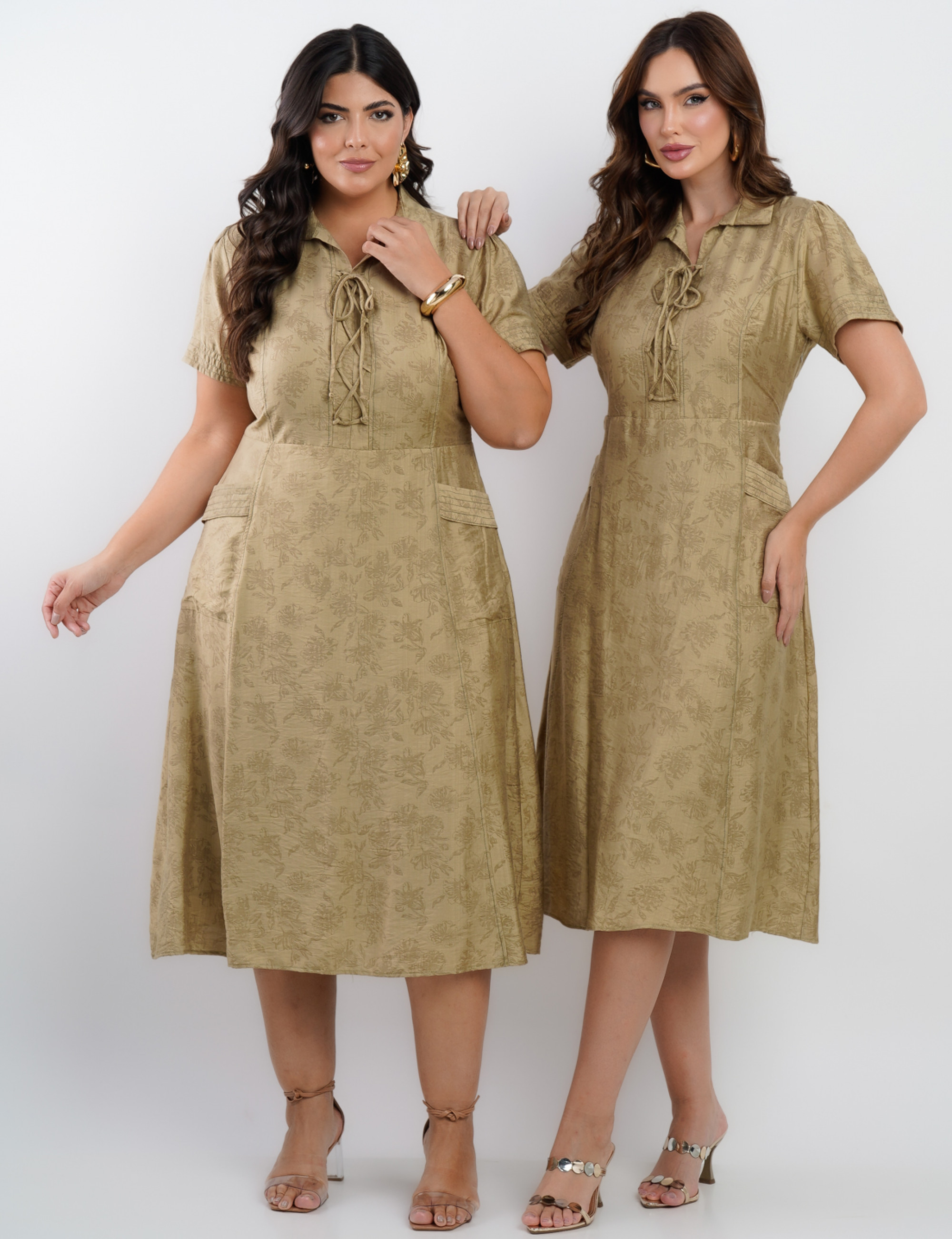Vestido Midi Viscose Com Textura Bolso Musgo