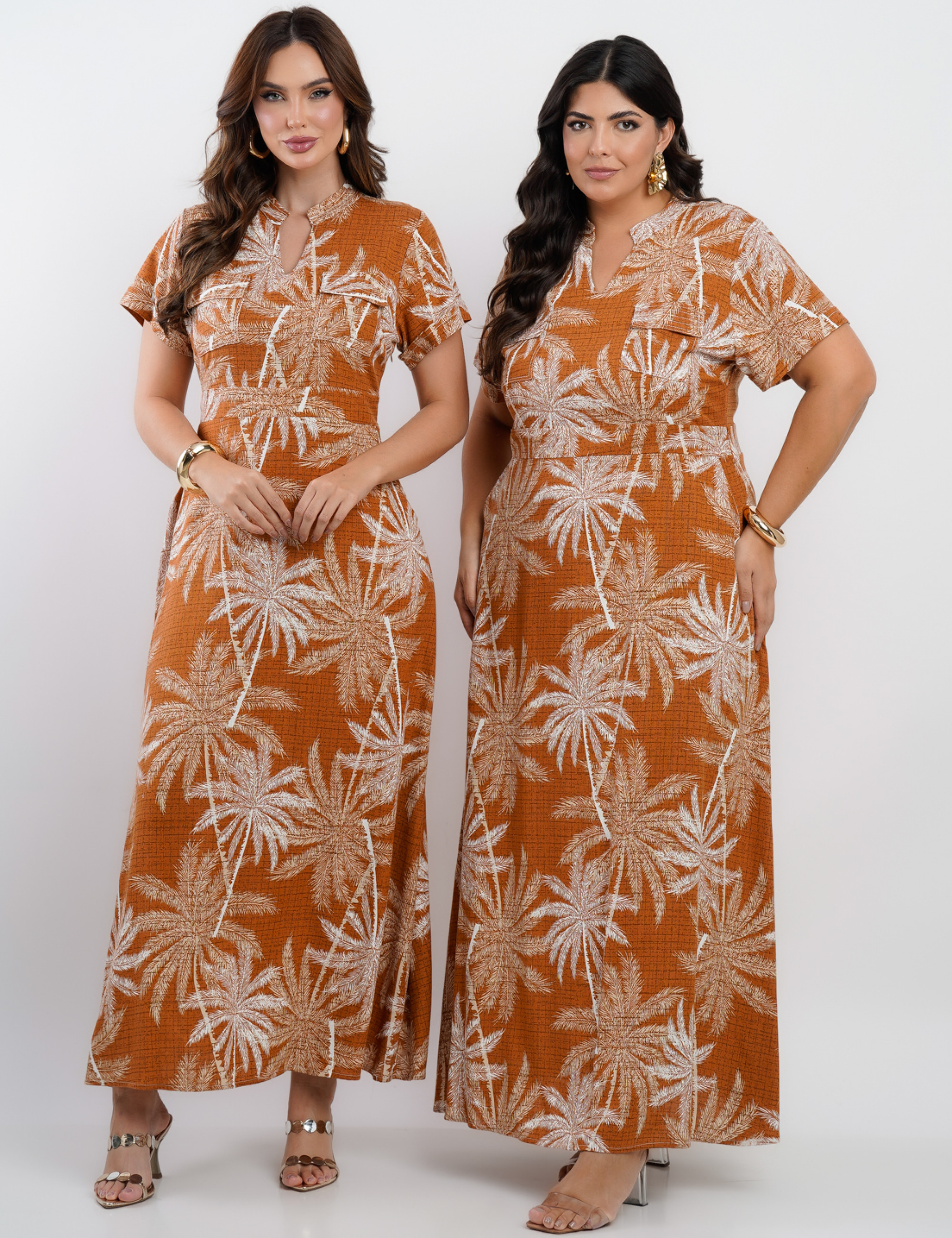 Vestido Longo Linho Misto Estampado Folhas Marrom