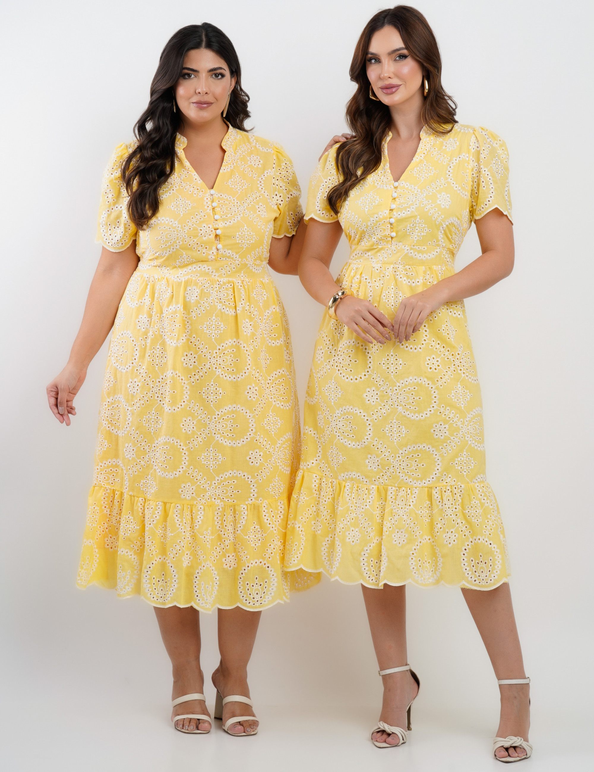 Vestido Midi Lasie Algodão com Botões  Amarelo