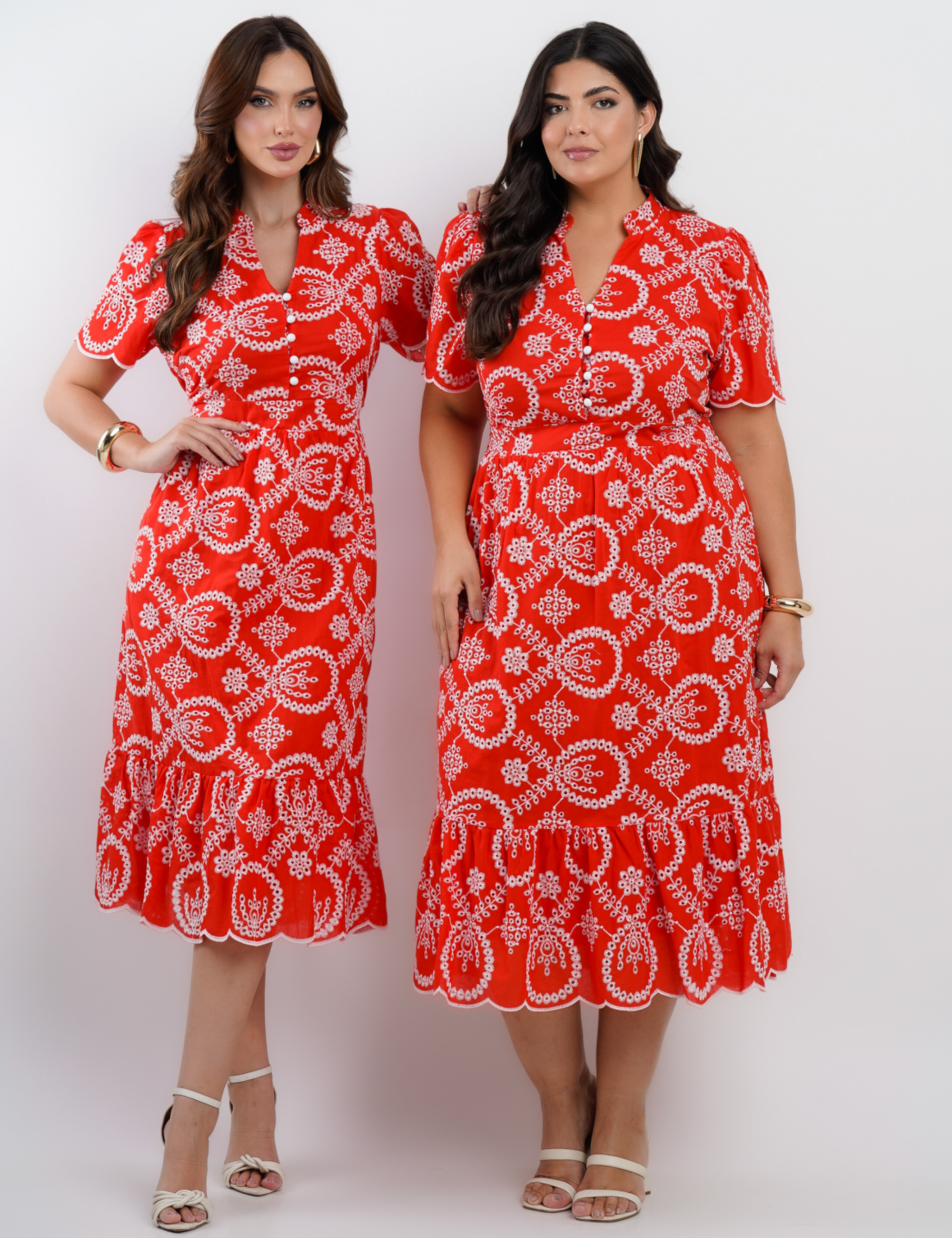 Vestido Midi Lasie Algodão com Botões Vermelho