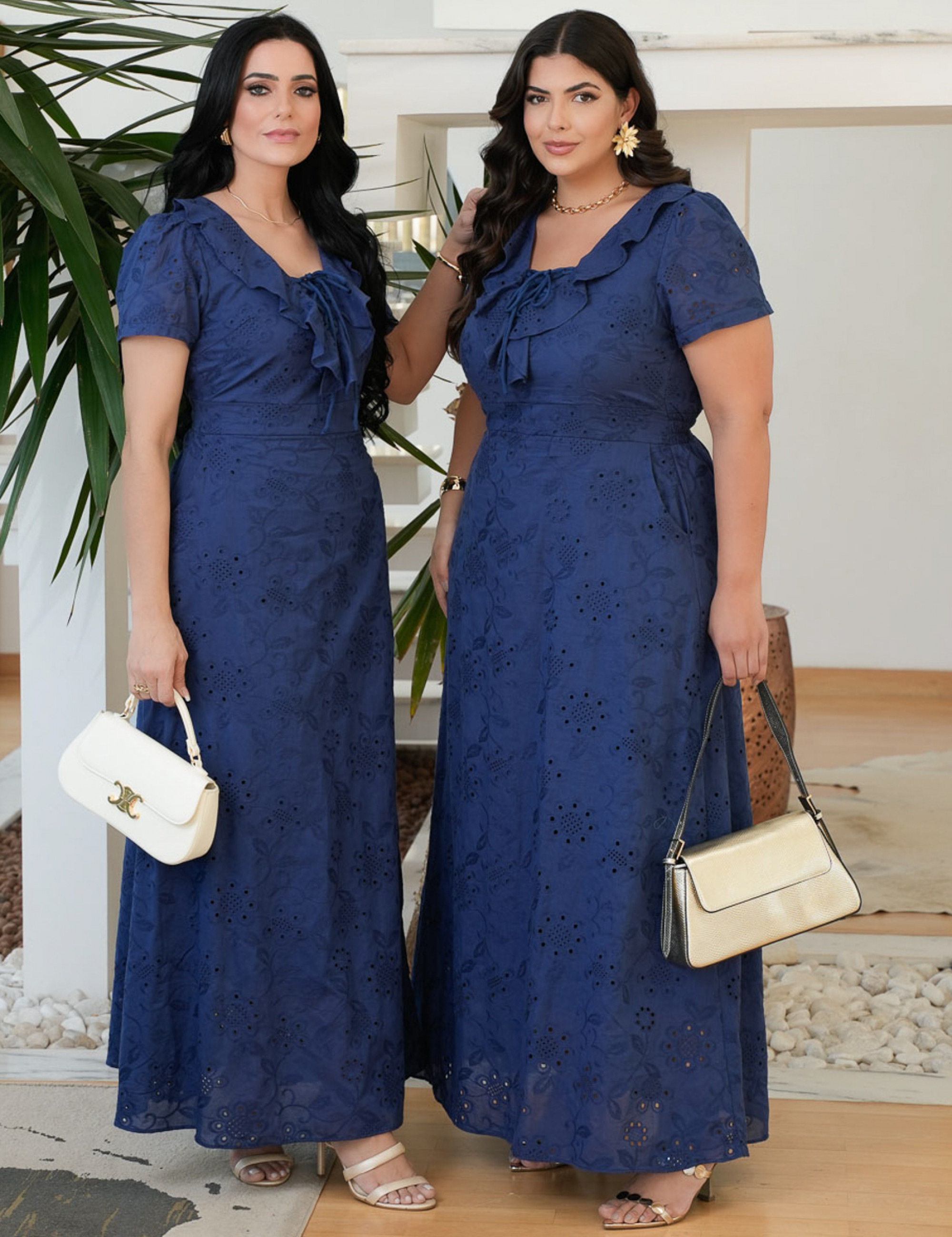 Vestido Longo Lasie Algodão com Babado no Decote Marinho