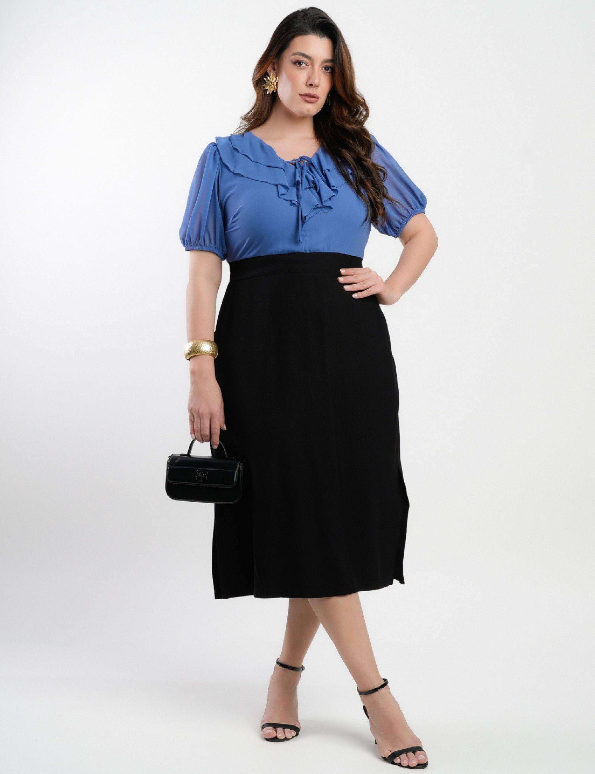Vestido Midi Tubilnho Chiffon Com Alfaiataria Azul